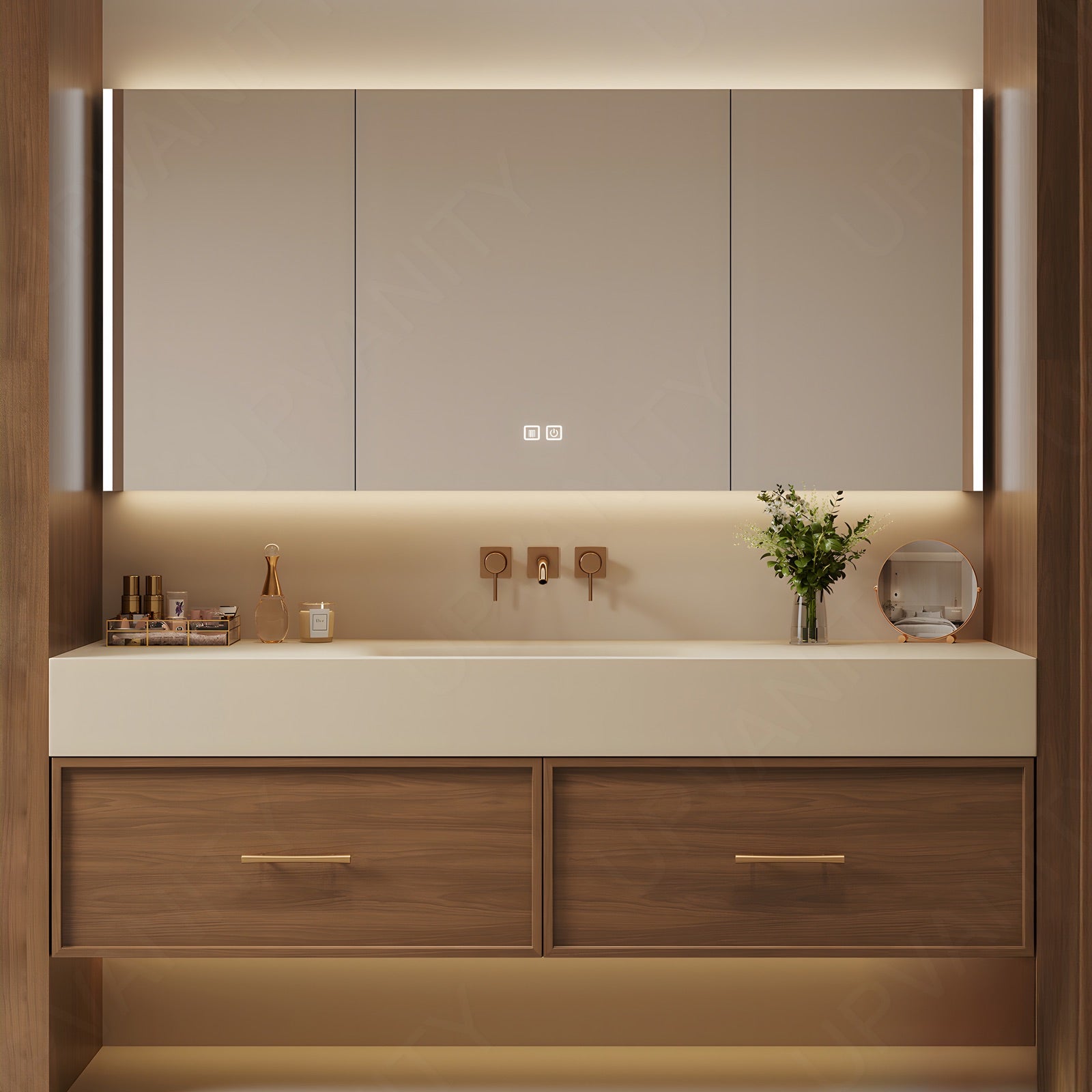 Modern Bath Vanity Set, Brown, Joint White Top, 44"-64", Single, Floating, Gold Accents, Smart LED Mirror, Rear Cabinet