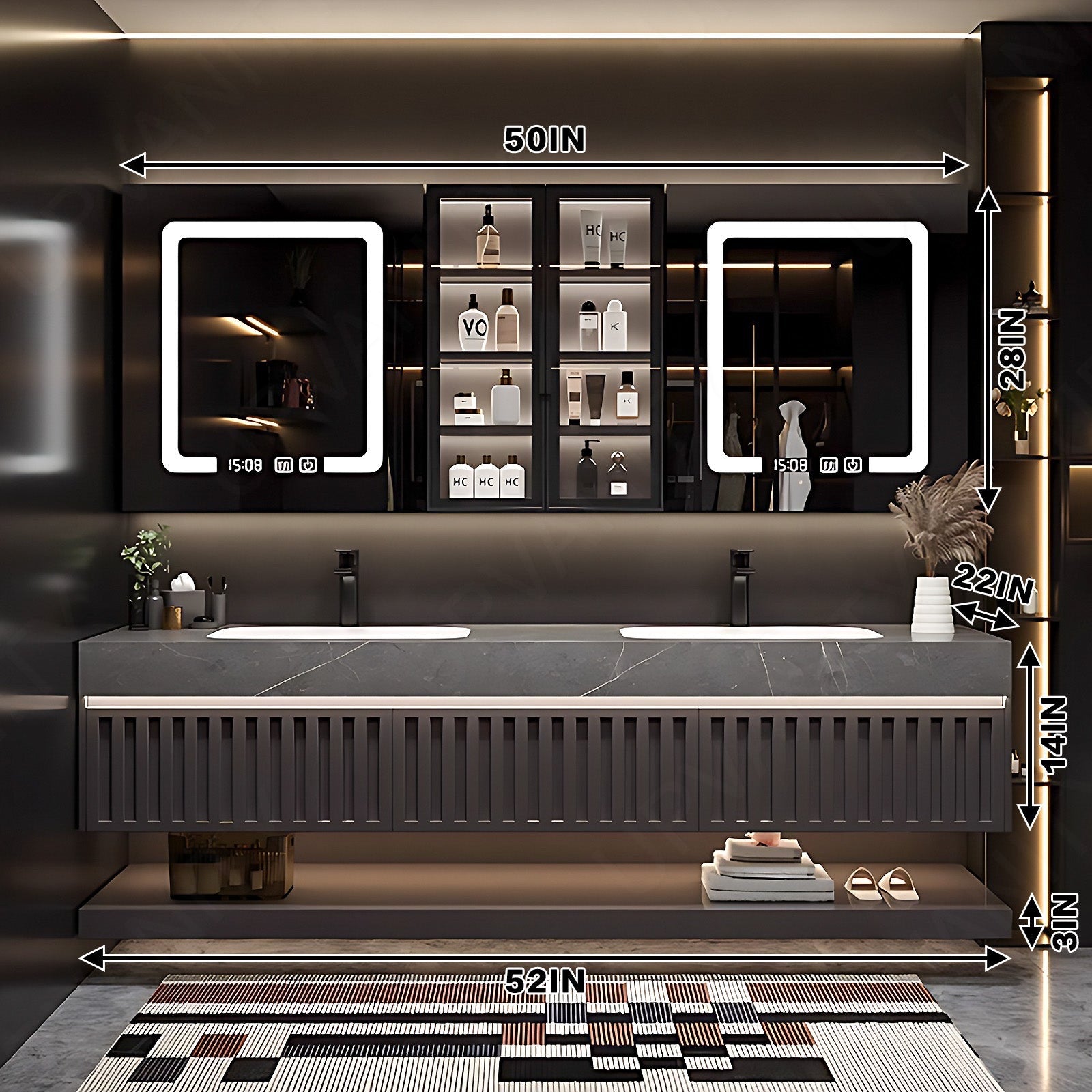 Modern Bath Vanity Set, Brown, Joint White Top, 52''- 72'', Double, Floating, Dual Smart LED Mirror, Rear and Side Cabinets