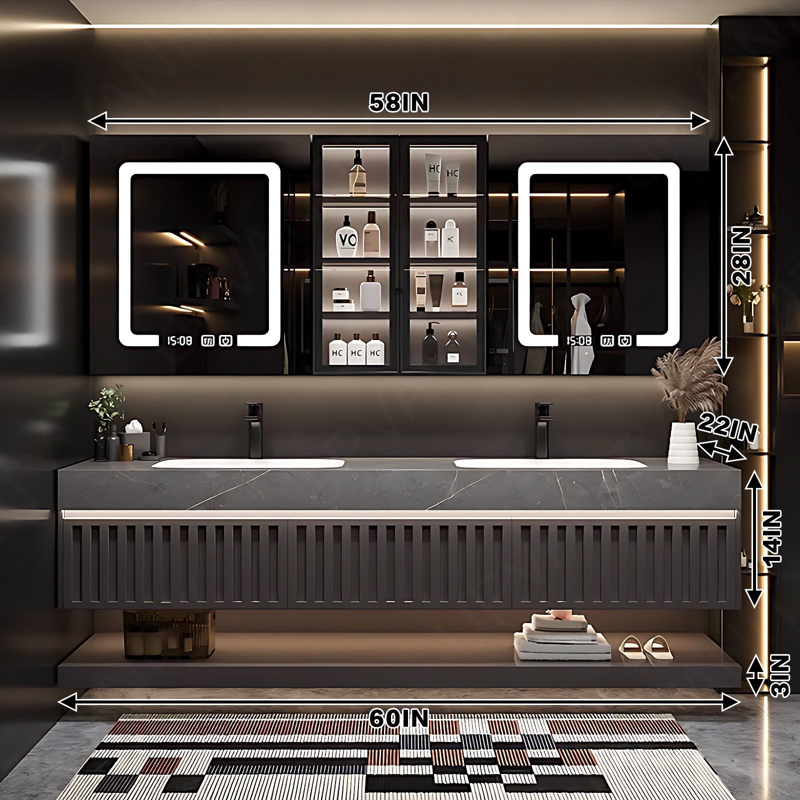 Modern Bath Vanity Set, Brown, Joint White Top, 52''- 72'', Double, Floating, Dual Smart LED Mirror, Rear and Side Cabinets