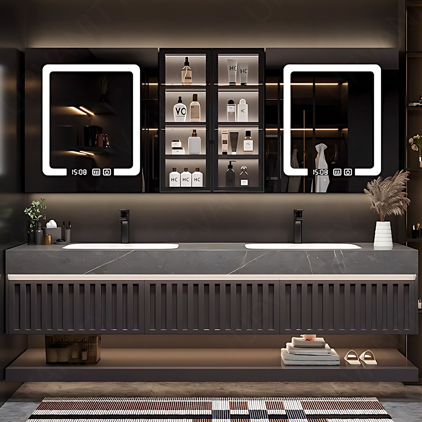 Modern Bath Vanity Set, Brown, Joint White Top, 52''- 72'', Double, Floating, Dual Smart LED Mirror, Rear and Side Cabinets