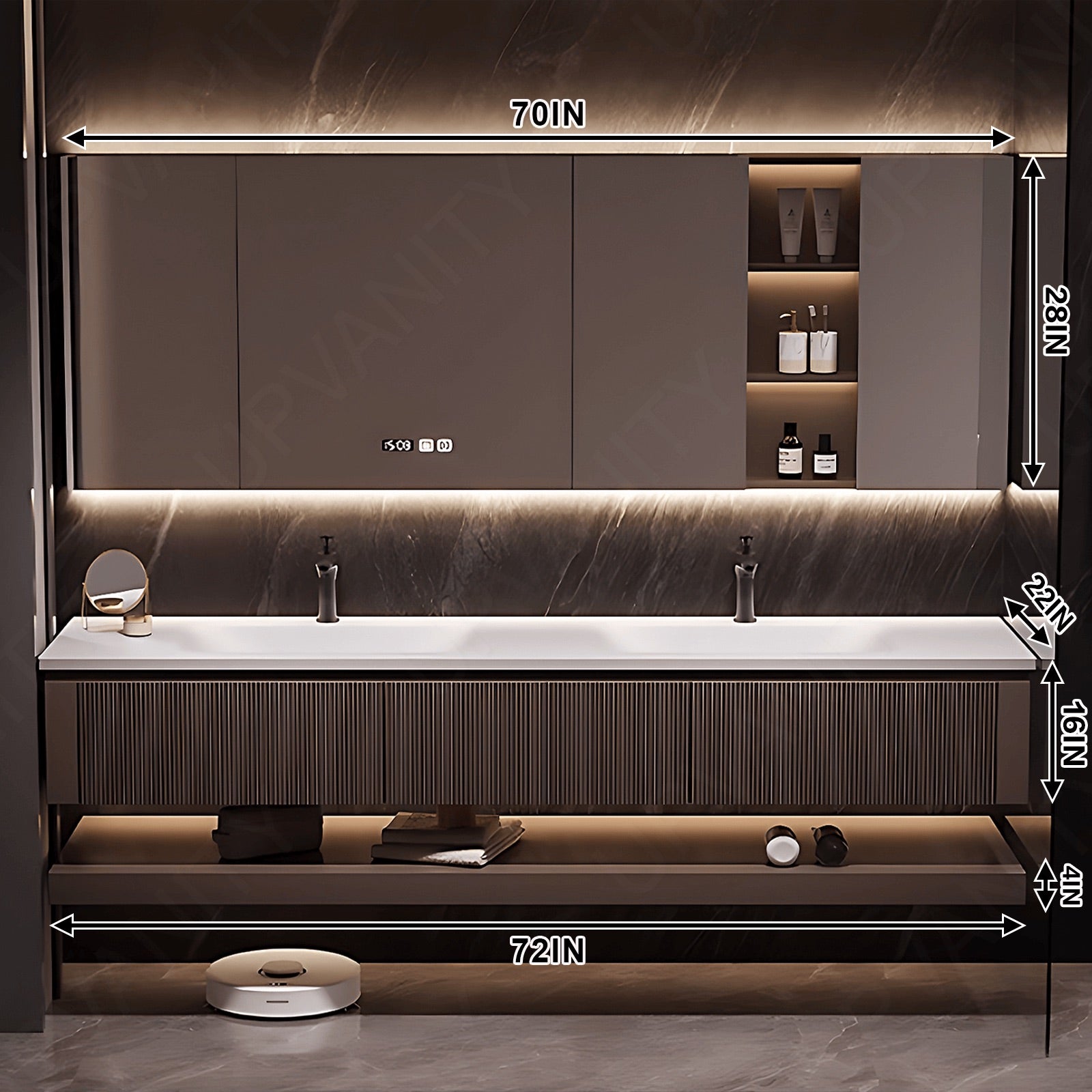 Modern Bath Vanity Set, Brown, Joint White Top, 52"- 78", Double, Floating, Striped Panel, Smart LED Mirror, Rear and Side Cabinets