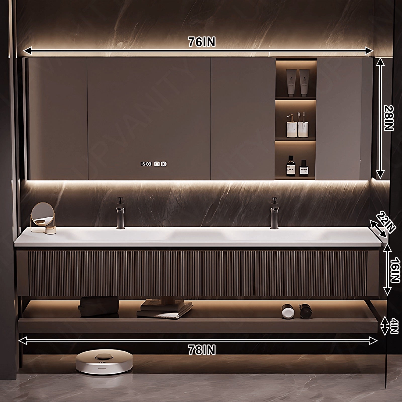 Modern Bath Vanity Set, Brown, Joint White Top, 52"- 78", Double, Floating, Striped Panel, Smart LED Mirror, Rear and Side Cabinets