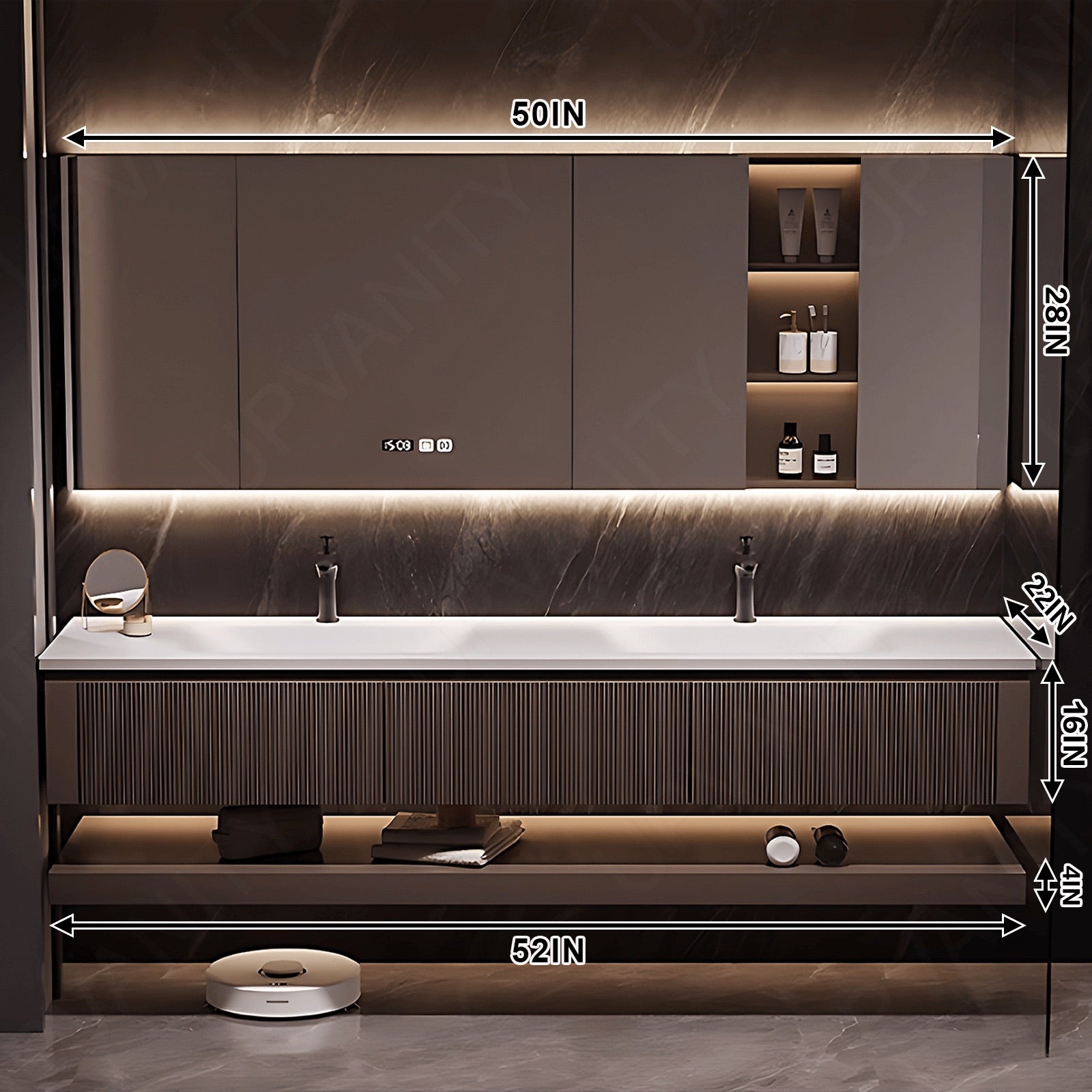 Modern Bath Vanity Set, Brown, Joint White Top, 52"- 78", Double, Floating, Striped Panel, Smart LED Mirror, Rear and Side Cabinets
