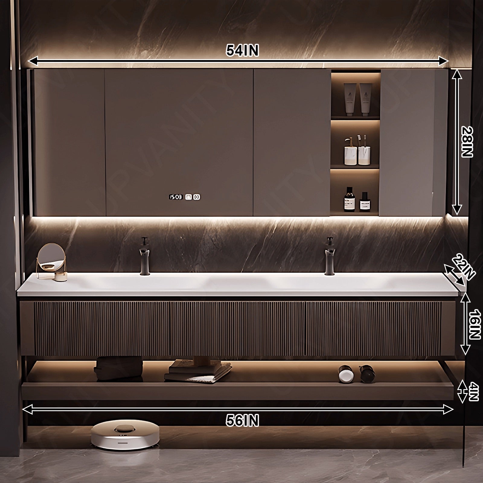 Modern Bath Vanity Set, Brown, Joint White Top, 52"- 78", Double, Floating, Striped Panel, Smart LED Mirror, Rear and Side Cabinets