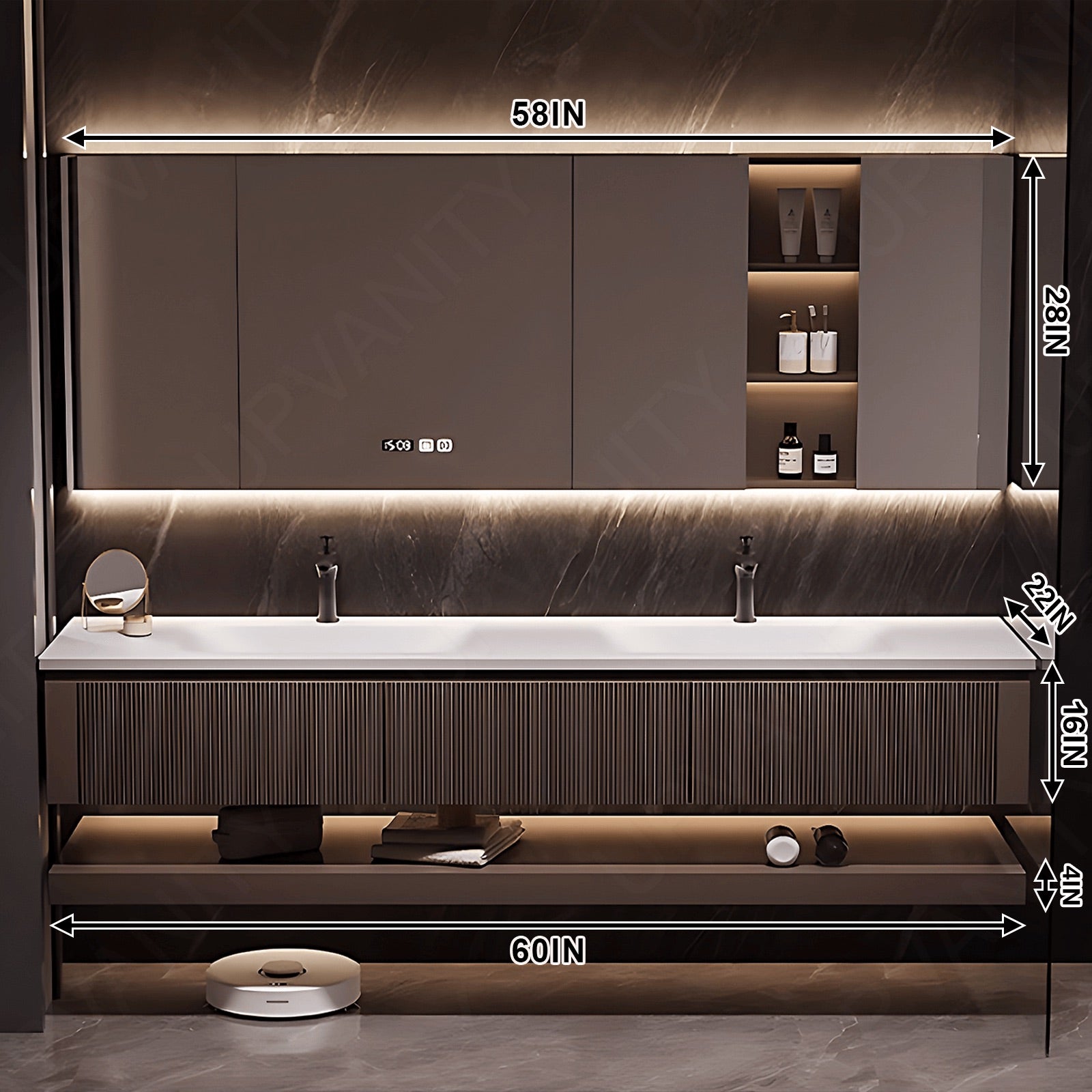 Modern Bath Vanity Set, Brown, Joint White Top, 52"- 78", Double, Floating, Striped Panel, Smart LED Mirror, Rear and Side Cabinets