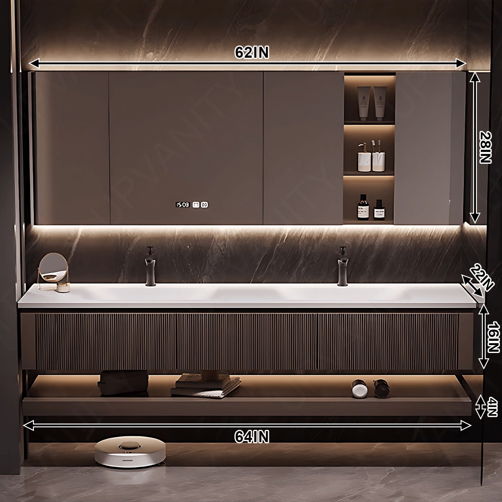 Modern Bath Vanity Set, Brown, Joint White Top, 52"- 78", Double, Floating, Striped Panel, Smart LED Mirror, Rear and Side Cabinets