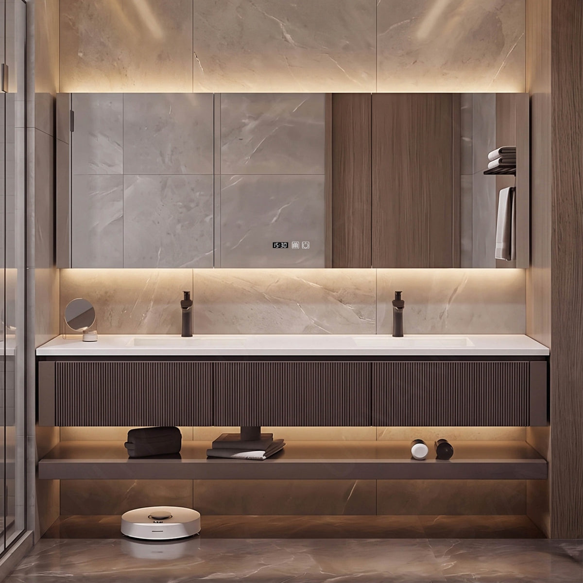 Modern Bath Vanity Set, Brown, Joint White Top, 52"- 78", Double, Floating, Striped Panel, Smart LED Mirror, Rear and Side Cabinets