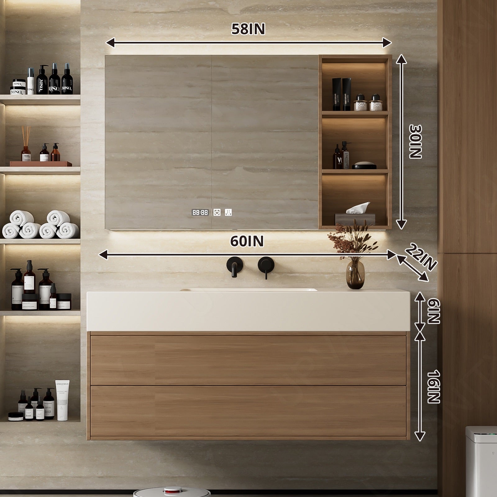 Modern Bath Vanity Set, Brown, Joint White Top, Open Storage, 40"-64", Single, Floating, Smart LED Mirror, Rear/Side Cabinet