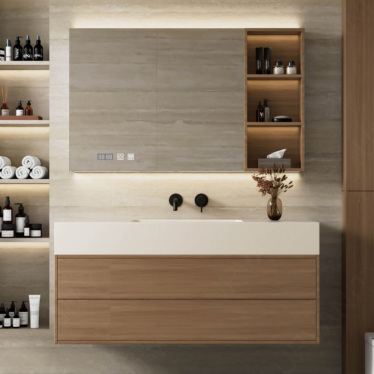 Modern Bath Vanity Set, Brown, Joint White Top, Open Storage, 40"-64", Single, Floating, Smart LED Mirror, Rear/Side Cabinet