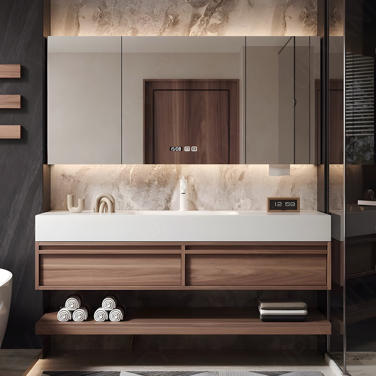Modern Bath Vanity Set, Brown, Joint White Top, Open Storage, 40"-72", Single, Floating, Smart LED Mirror, Rear Cabinet