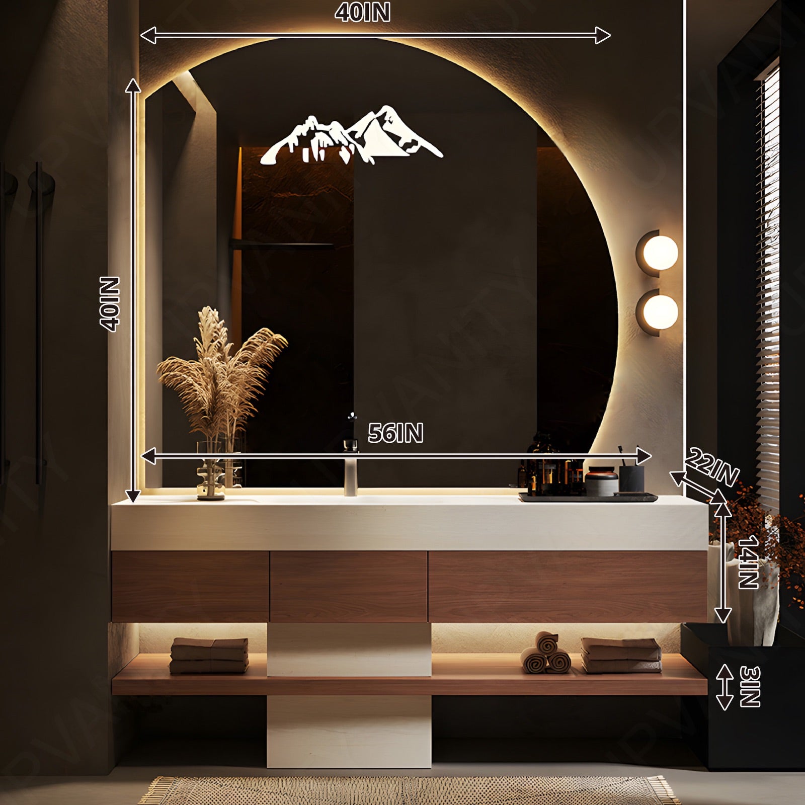 Modern Bath Vanity Set, Brown, Joint White Top, Pedestal Column, 40"-60", Single, Freestanding, Irregular Smart LED Mirror