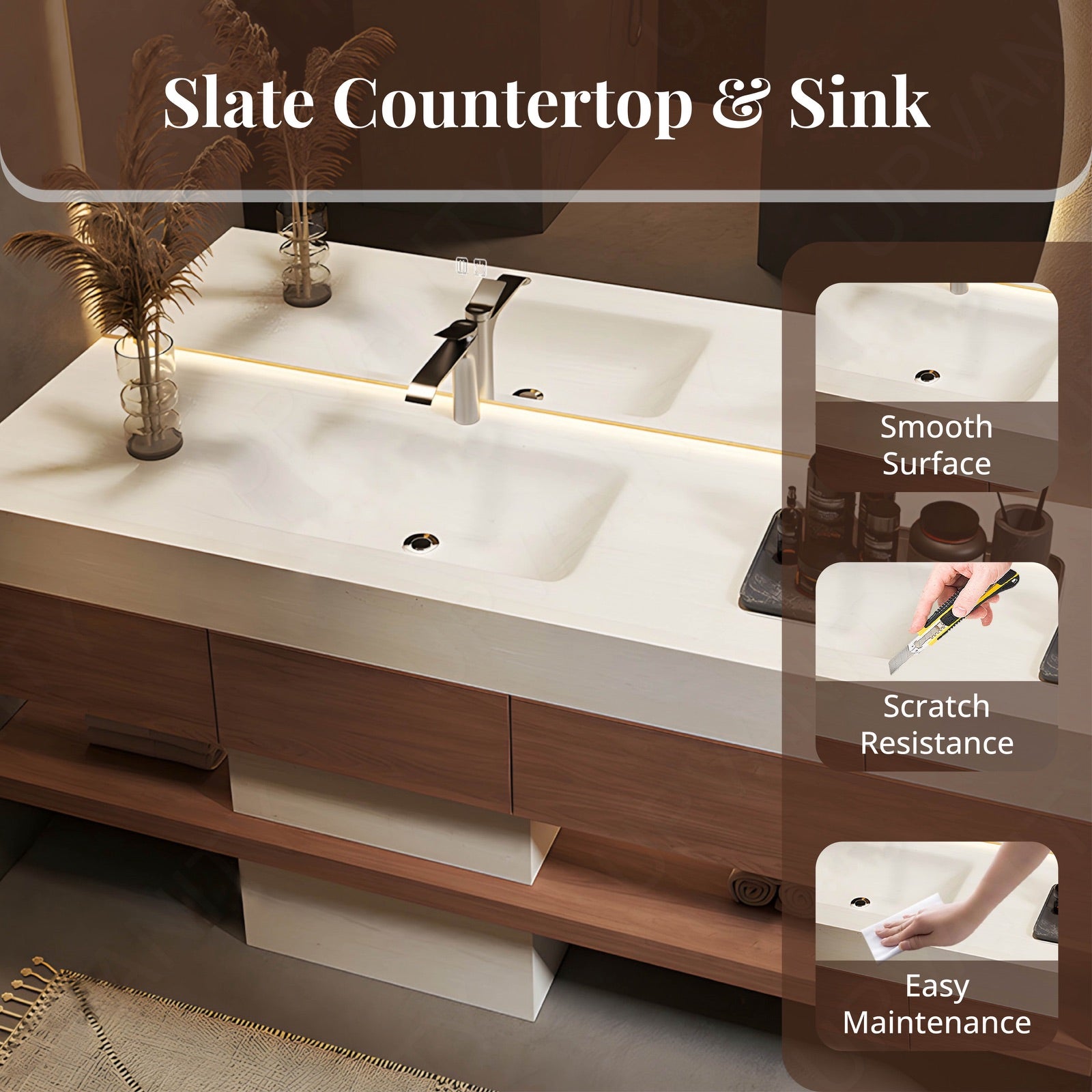 Modern Bath Vanity Set, Brown, Joint White Top, Pedestal Column, 52"-78", Single, Freestanding, Irregular Smart LED Mirror