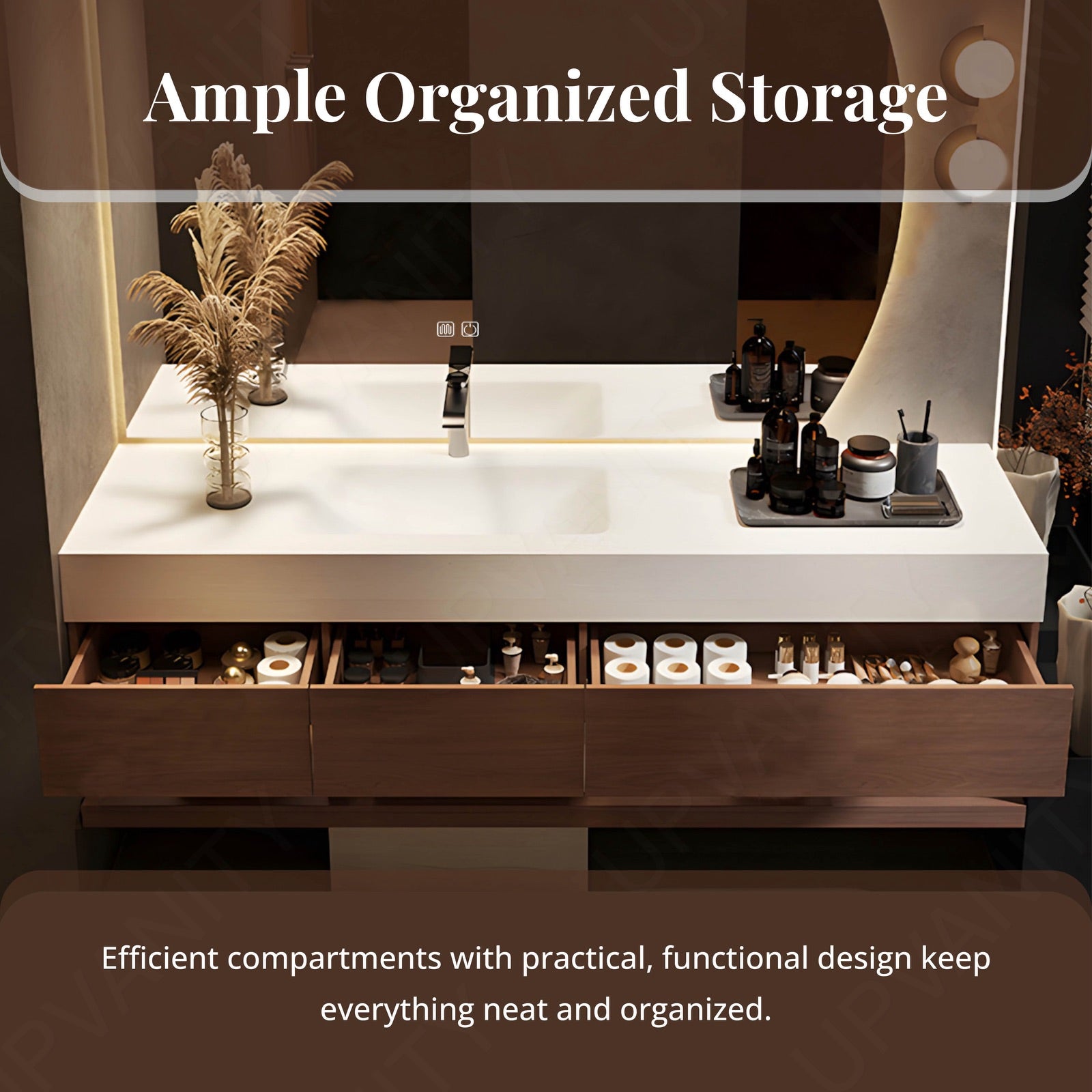 Modern Bath Vanity Set, Brown, Joint White Top, Pedestal Column, 52"-78", Single, Freestanding, Irregular Smart LED Mirror