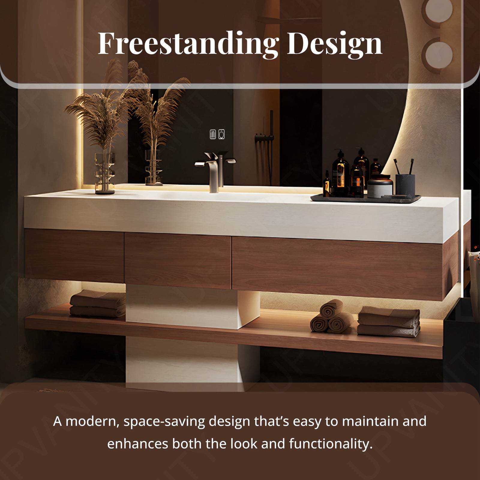 Modern Bath Vanity Set, Brown, Joint White Top, Pedestal Column, 52"-78", Single, Freestanding, Irregular Smart LED Mirror