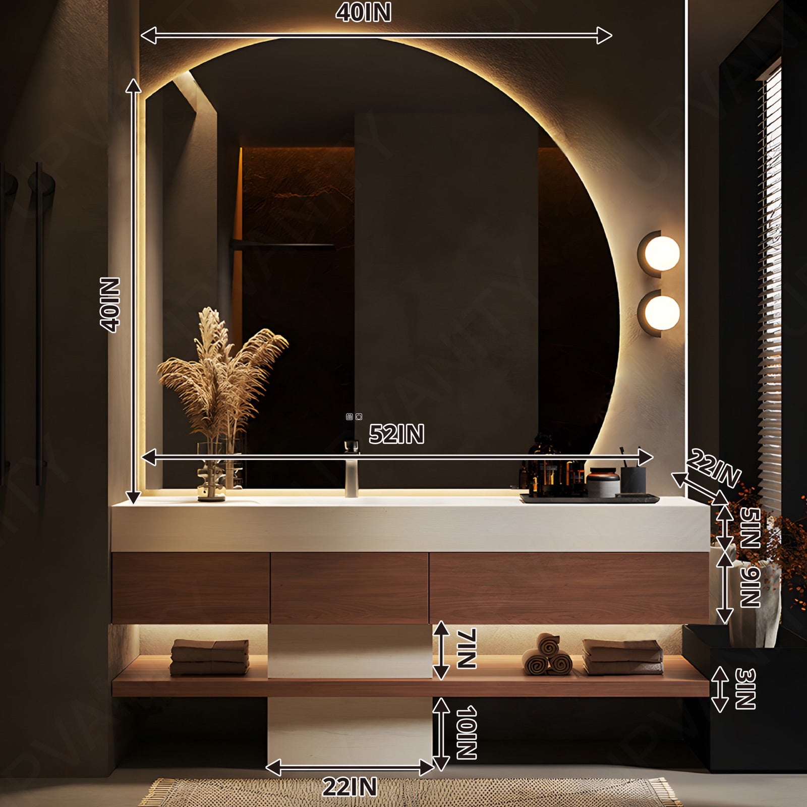 Modern Bath Vanity Set, Brown, Joint White Top, Pedestal Column, 52"-78", Single, Freestanding, Irregular Smart LED Mirror