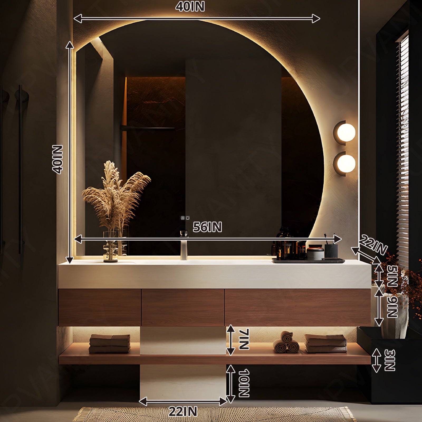 Modern Bath Vanity Set, Brown, Joint White Top, Pedestal Column, 52"-78", Single, Freestanding, Irregular Smart LED Mirror