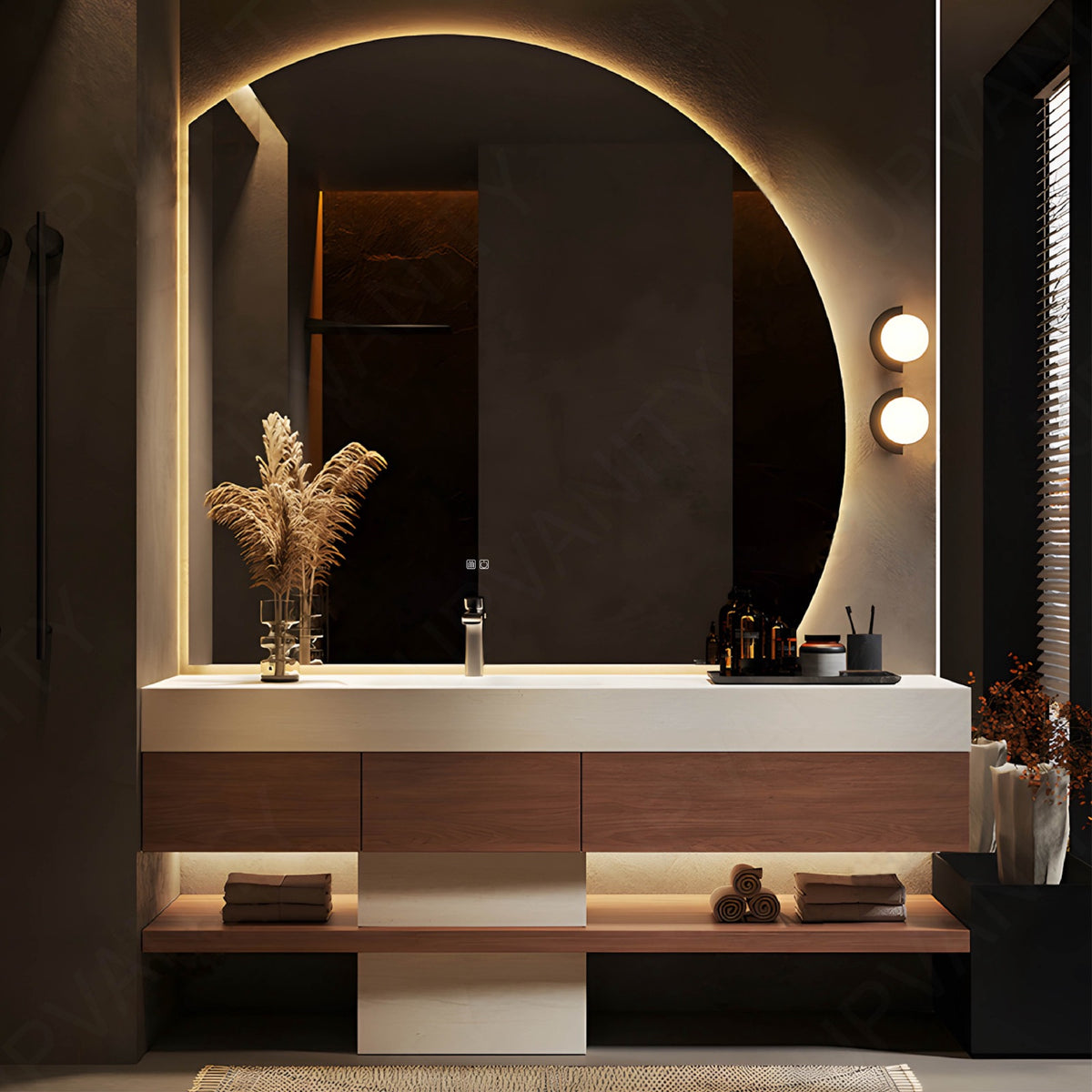 Modern Bath Vanity Set, Brown, Joint White Top, Pedestal Column, 52"-78", Single, Freestanding, Irregular Smart LED Mirror