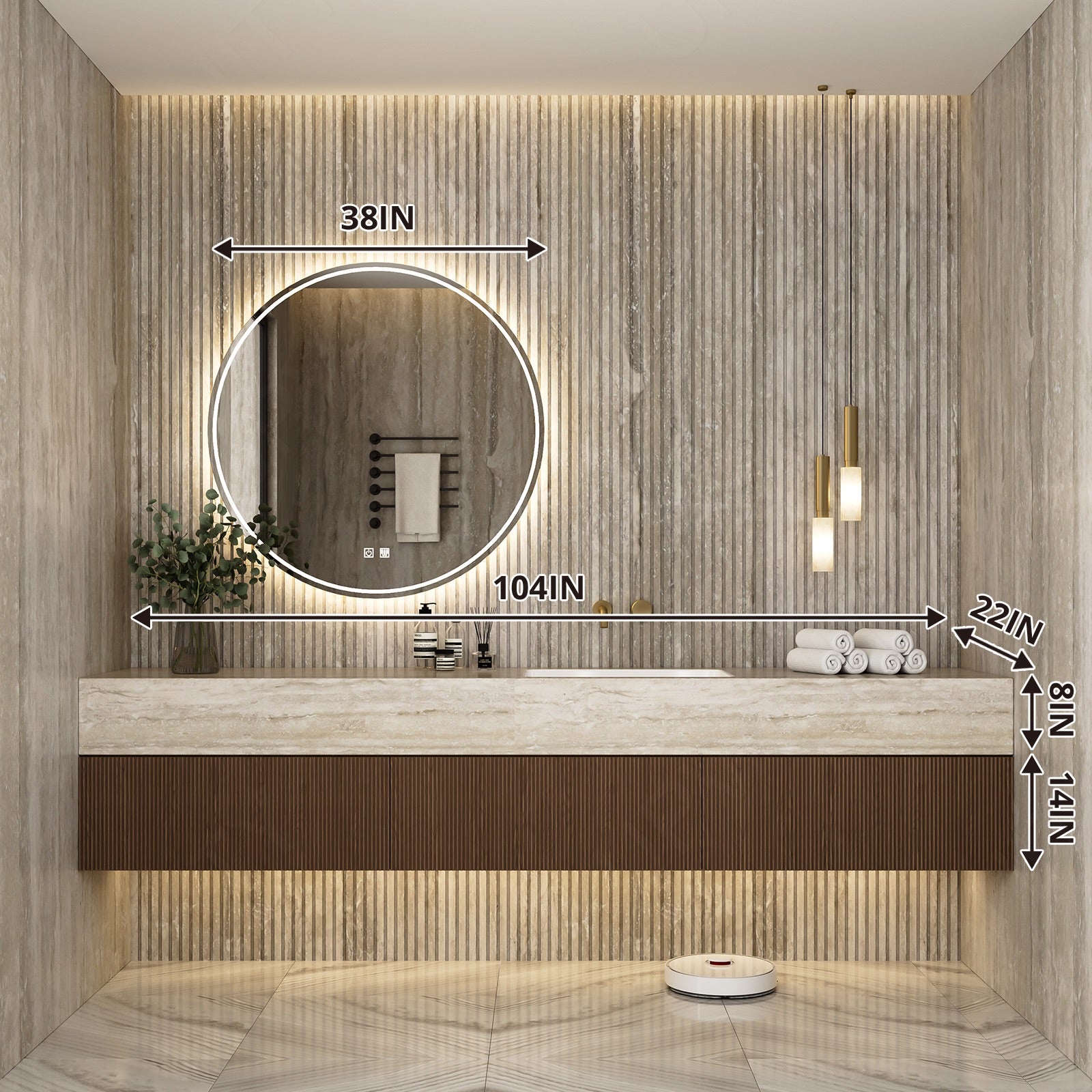 Modern Bath Vanity Set, Brown, Light Travertine Beige, 88"-104", Single, Floating, Fluted Panel, Round Smart LED Mirror