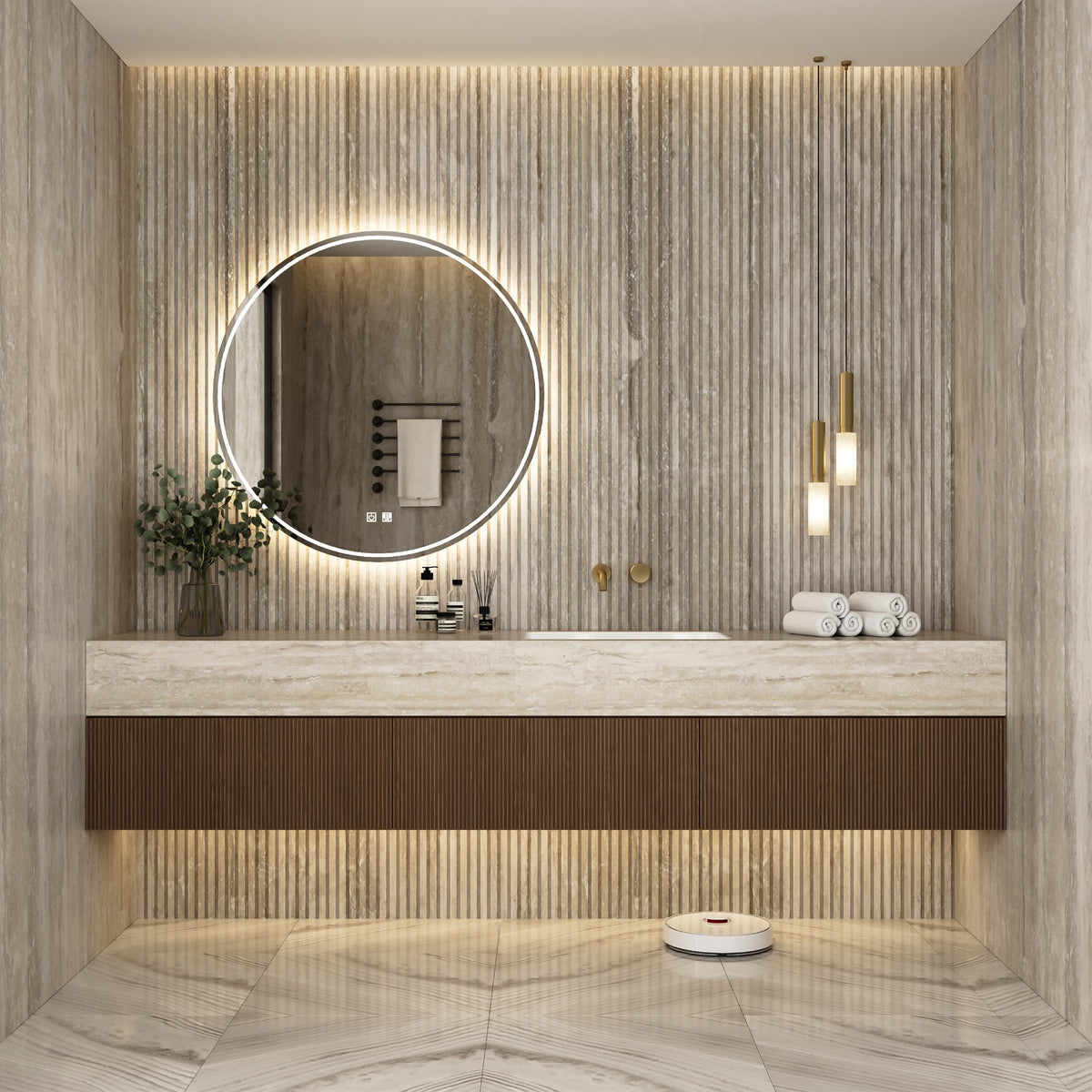 Modern Bath Vanity Set, Brown, Light Travertine Beige, 88"-104", Single, Floating, Fluted Panel, Round Smart LED Mirror