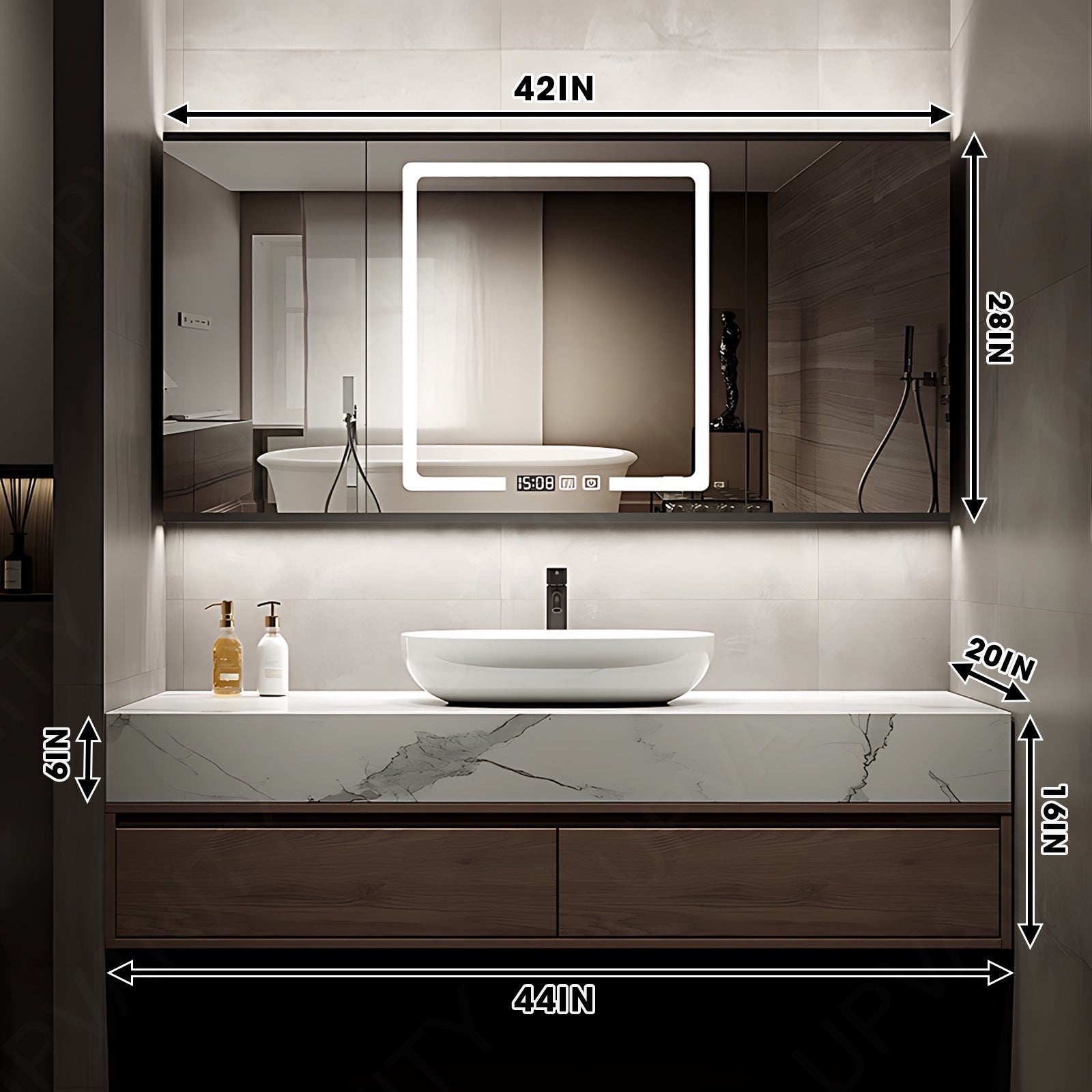Modern Bath Vanity Set, Brown, Marble Textured Top, 36"-52", Single, Floating, Vessel Sink, Smart LED Mirror, Rear Cabinet