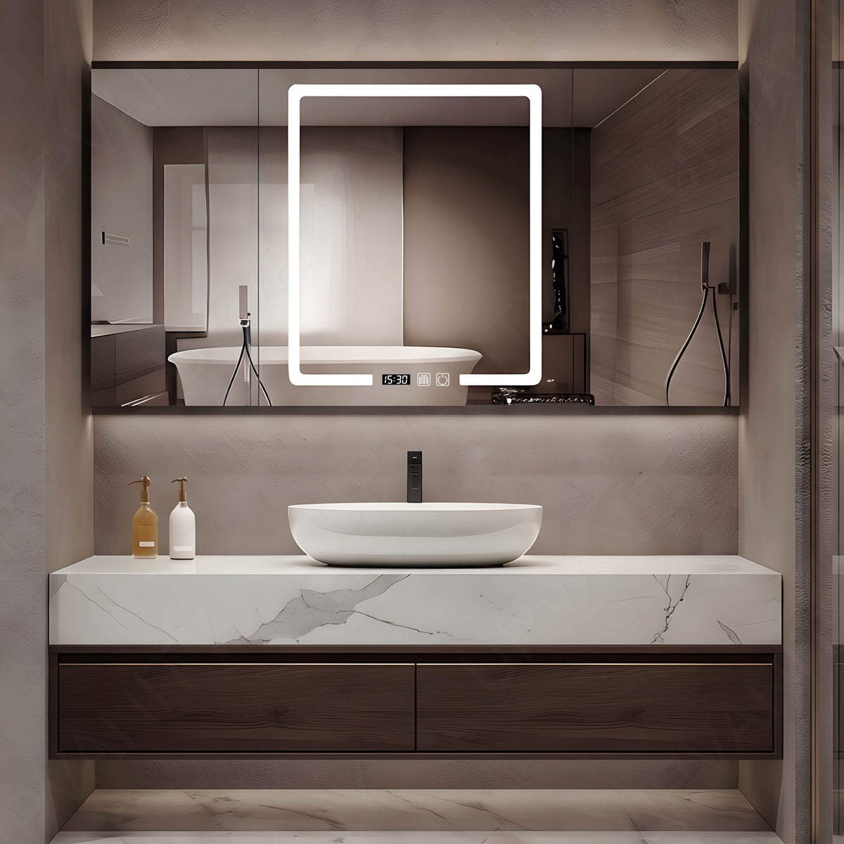 Modern Bath Vanity Set, Brown, Marble Textured Top, 36"-52", Single, Floating, Vessel Sink, Smart LED Mirror, Rear Cabinet