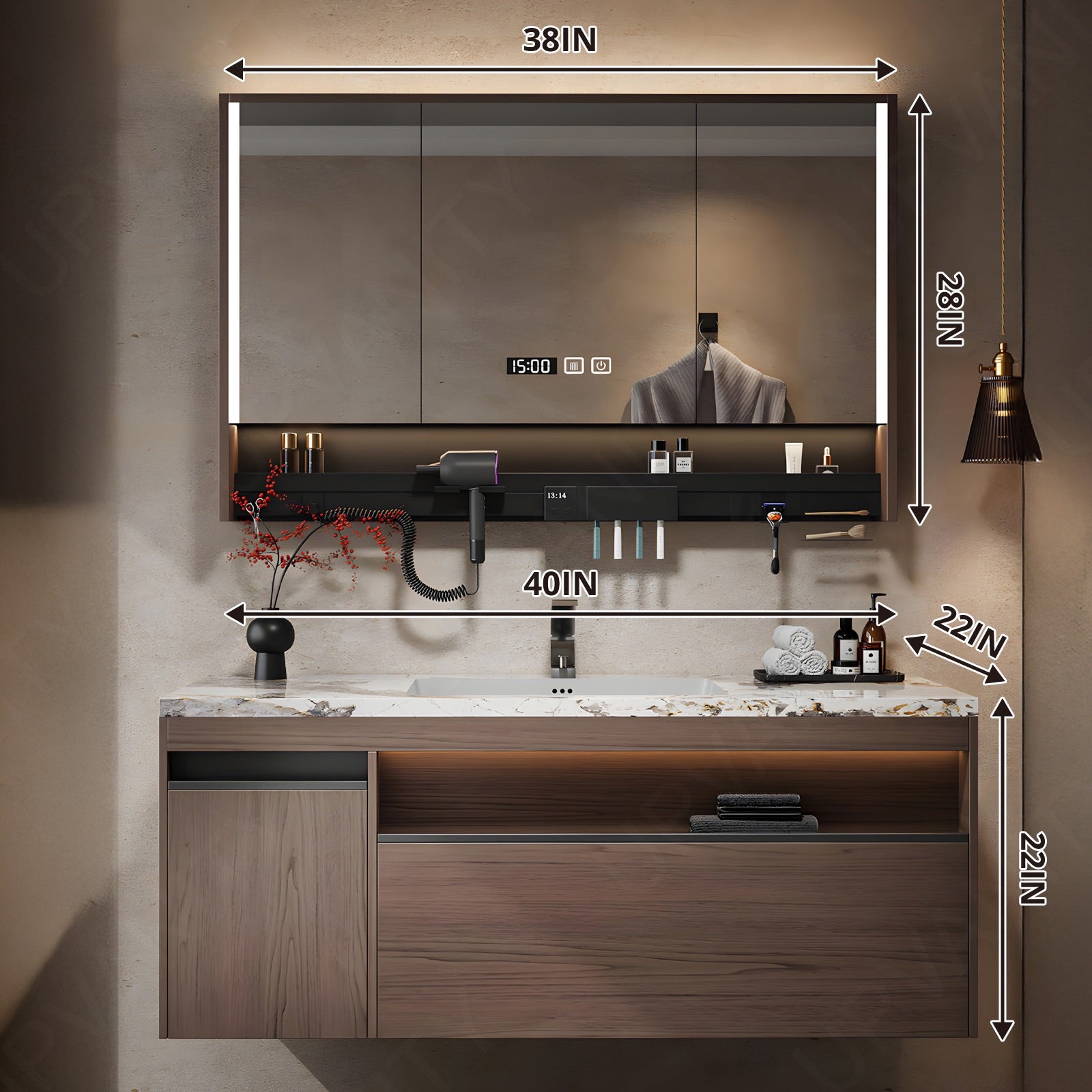 Modern Bath Vanity Set, Brown, Marble Textured Top, 40"-60", Single, Floating, Open Storage, Smart LED Mirror, Rear Cabinet, Storage Rack