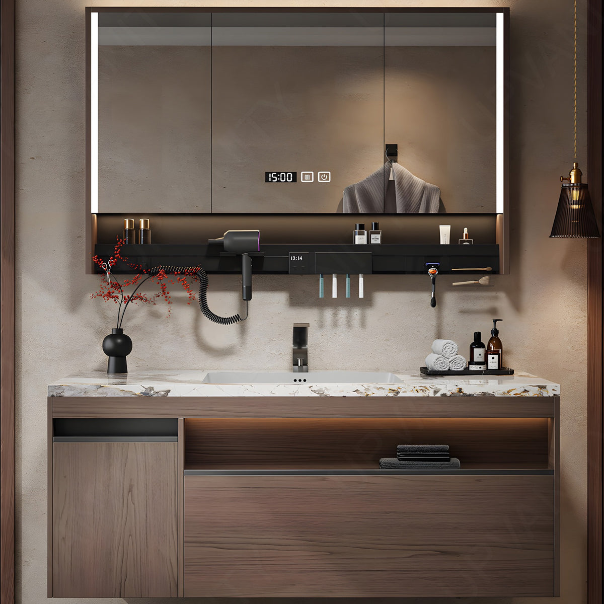 Modern Bath Vanity Set, Brown, Marble Textured Top, 40"-60", Single, Floating, Open Storage, Smart LED Mirror, Rear Cabinet, Storage Rack