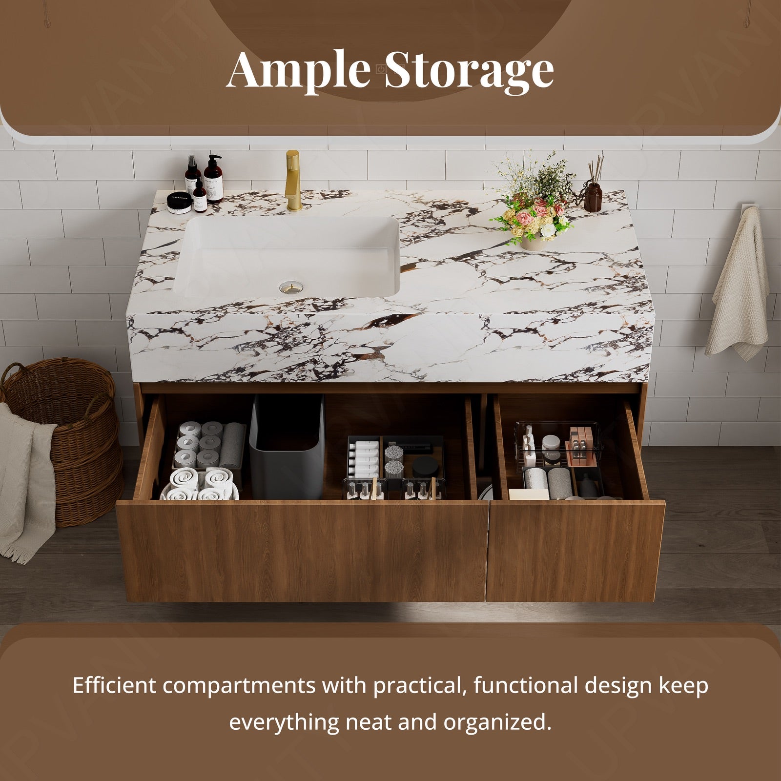Column Vanity Modern Bath Vanity Set, Brown, Beige Textured Column, 72