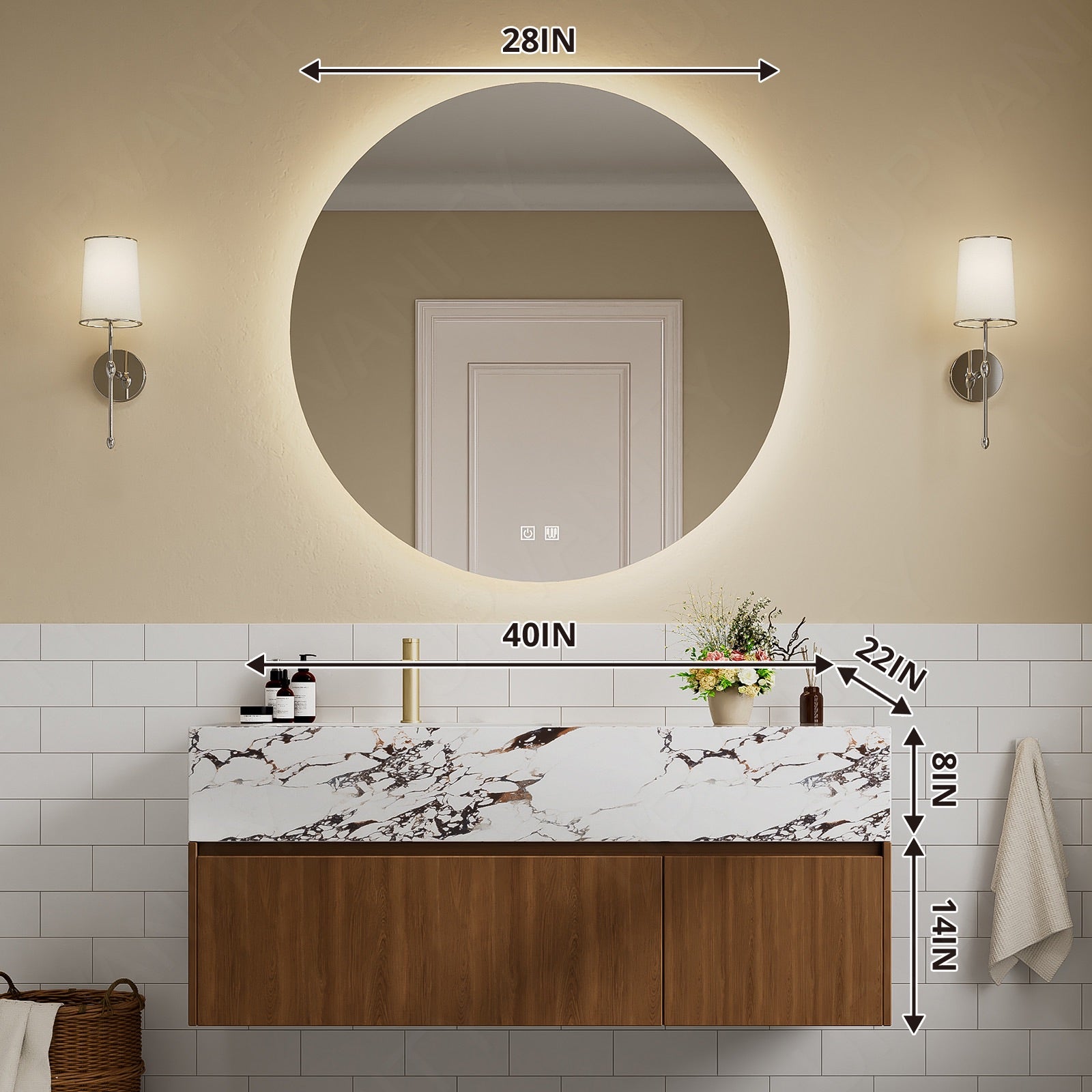 Modern Bath Vanity Set, Brown, Marble Textured Top, 40"-60", Single, Floating, Round Smart LED Mirror