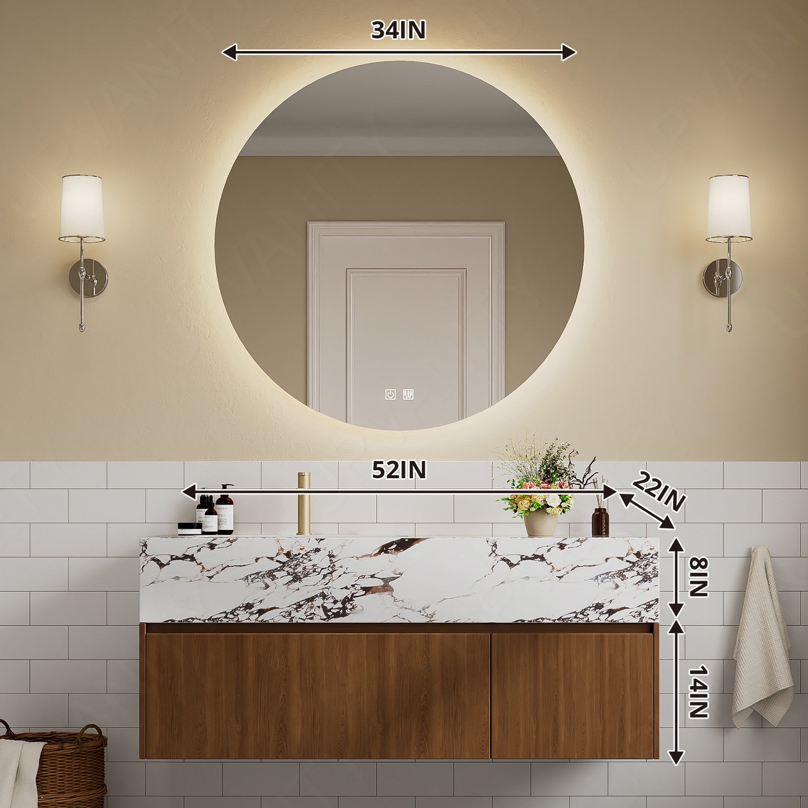 Modern Bath Vanity Set, Brown, Marble Textured Top, 40"-60", Single, Floating, Round Smart LED Mirror