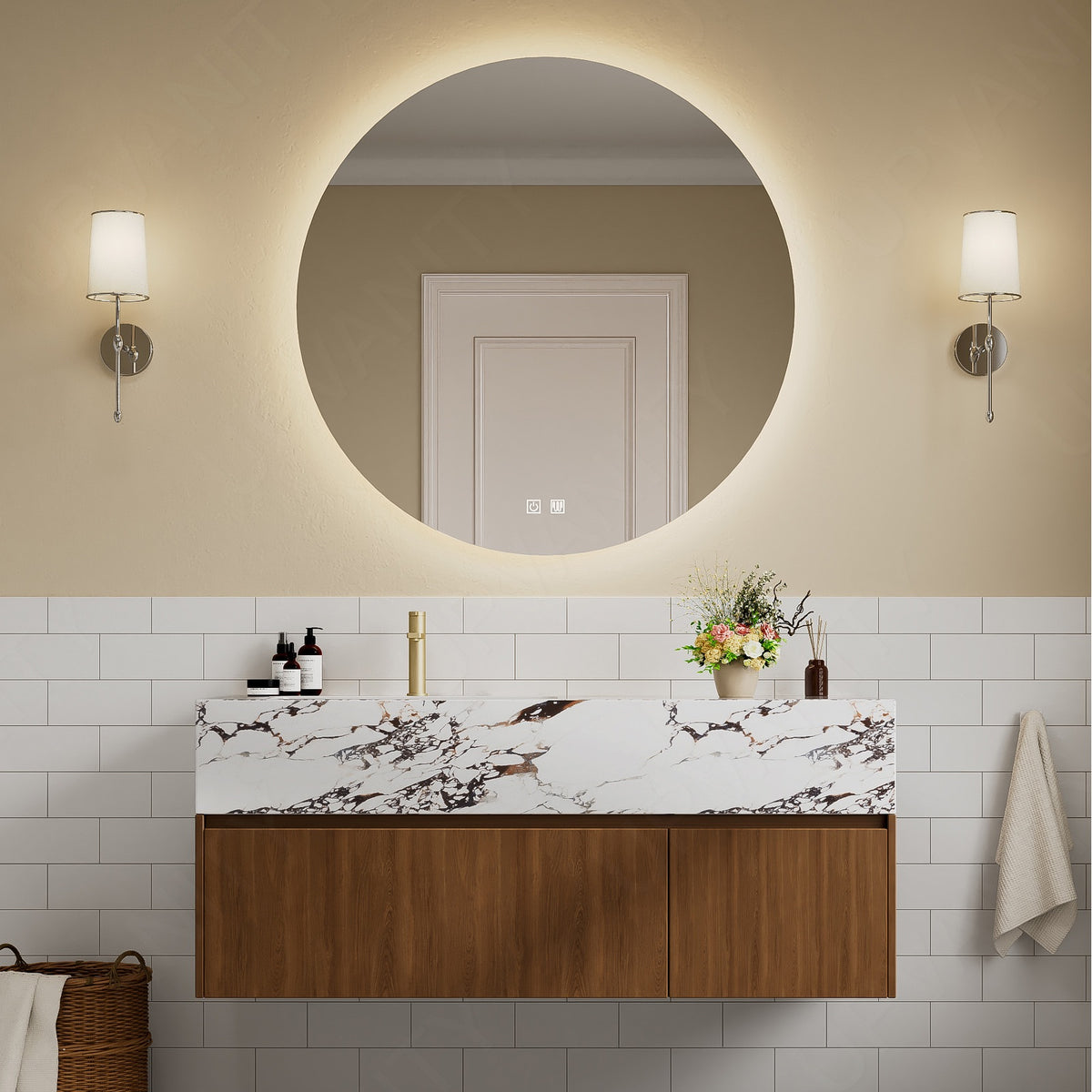 Modern Bath Vanity Set, Brown, Marble Textured Top, 40"-60", Single, Floating, Round Smart LED Mirror