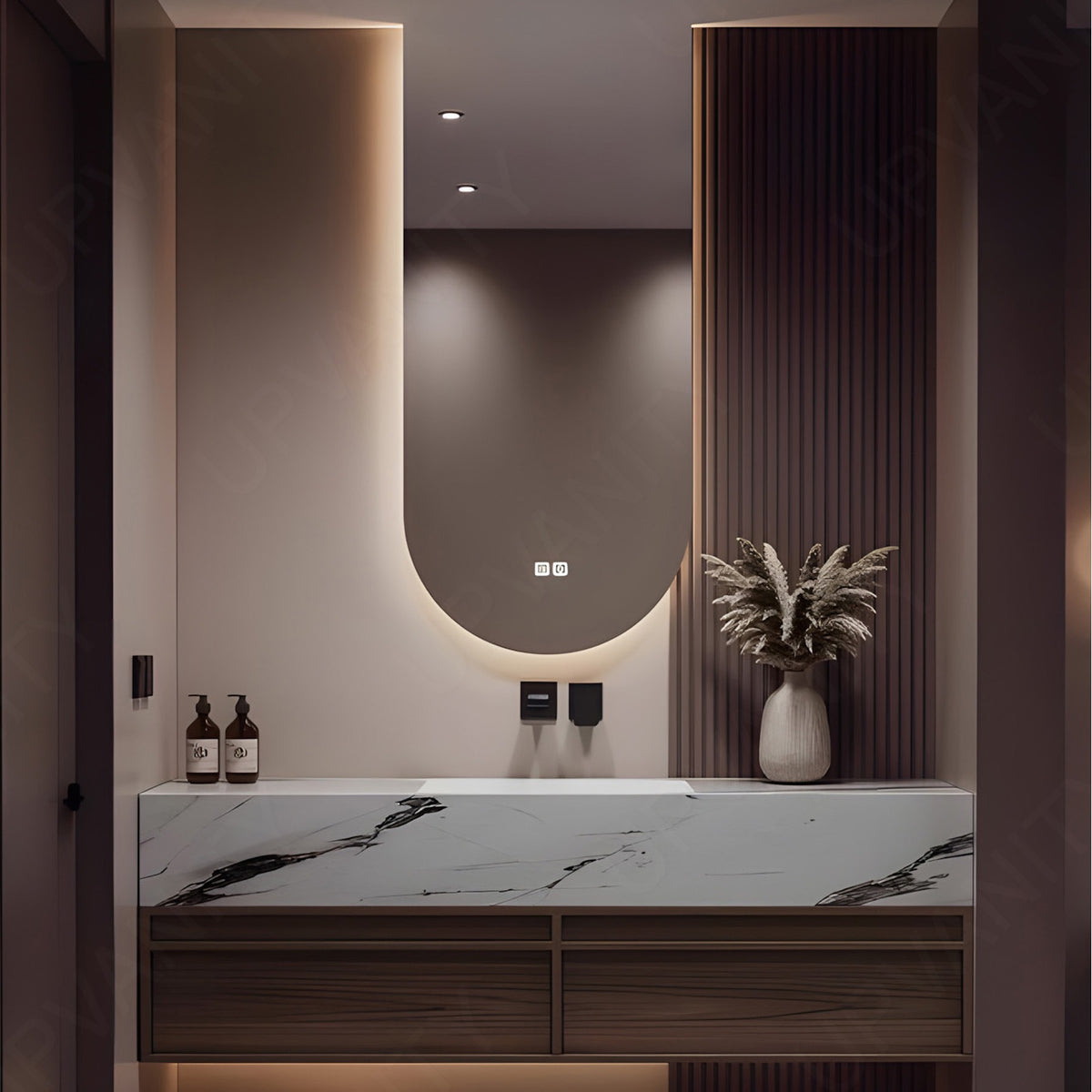 Modern Bath Vanity Set, Brown, Marble Textured Top, 40"-60", Single, Floating, Smart LED Mirror