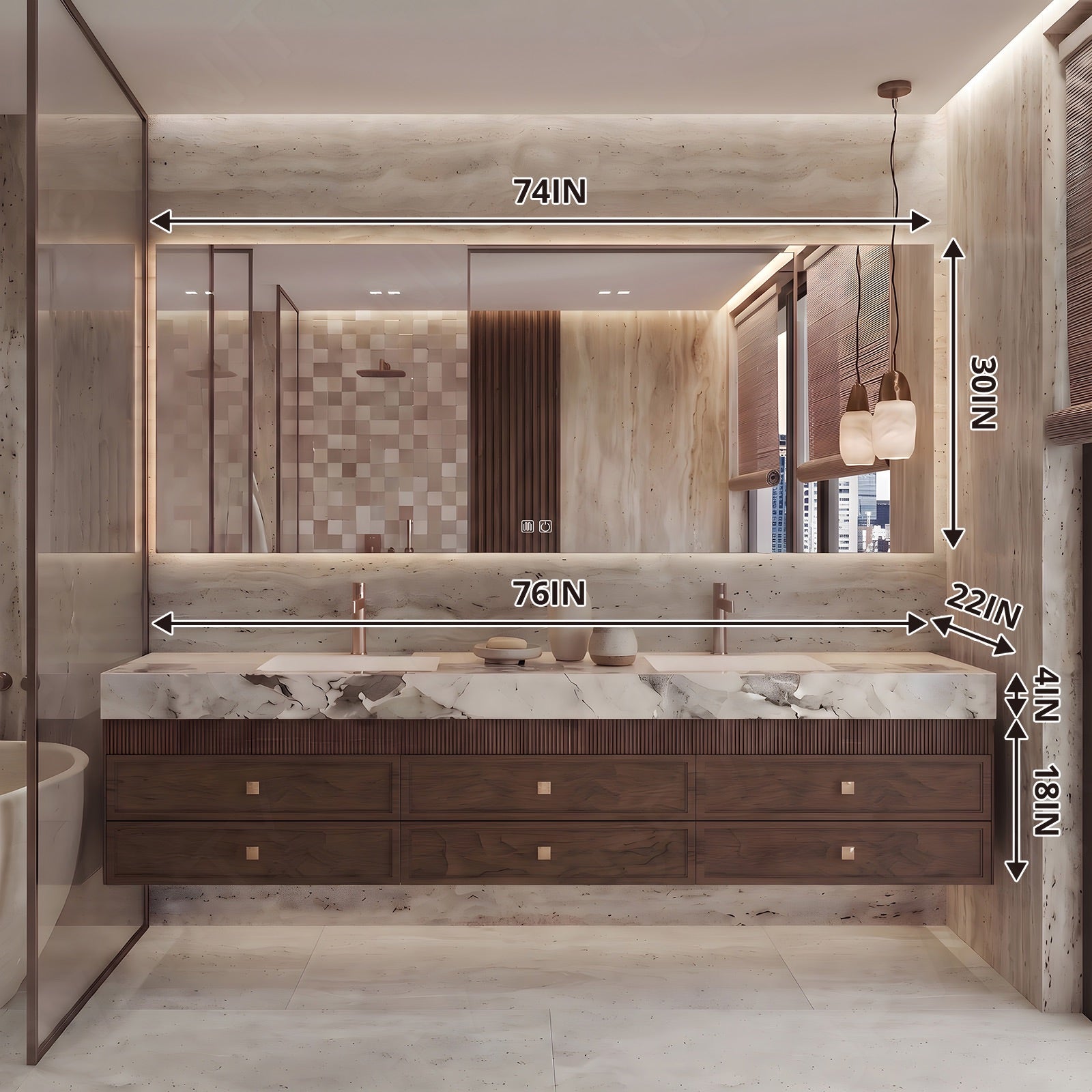 Modern Bath Vanity Set, Brown, Marble Textured Top, 52"-78", Double, Floating, Striped Panel, Smart LED Mirror