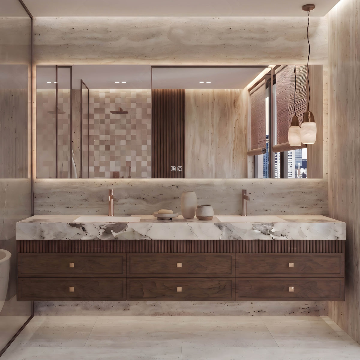Modern Bath Vanity Set, Brown, Marble Textured Top, 52"-78", Double, Floating, Striped Panel, Smart LED Mirror