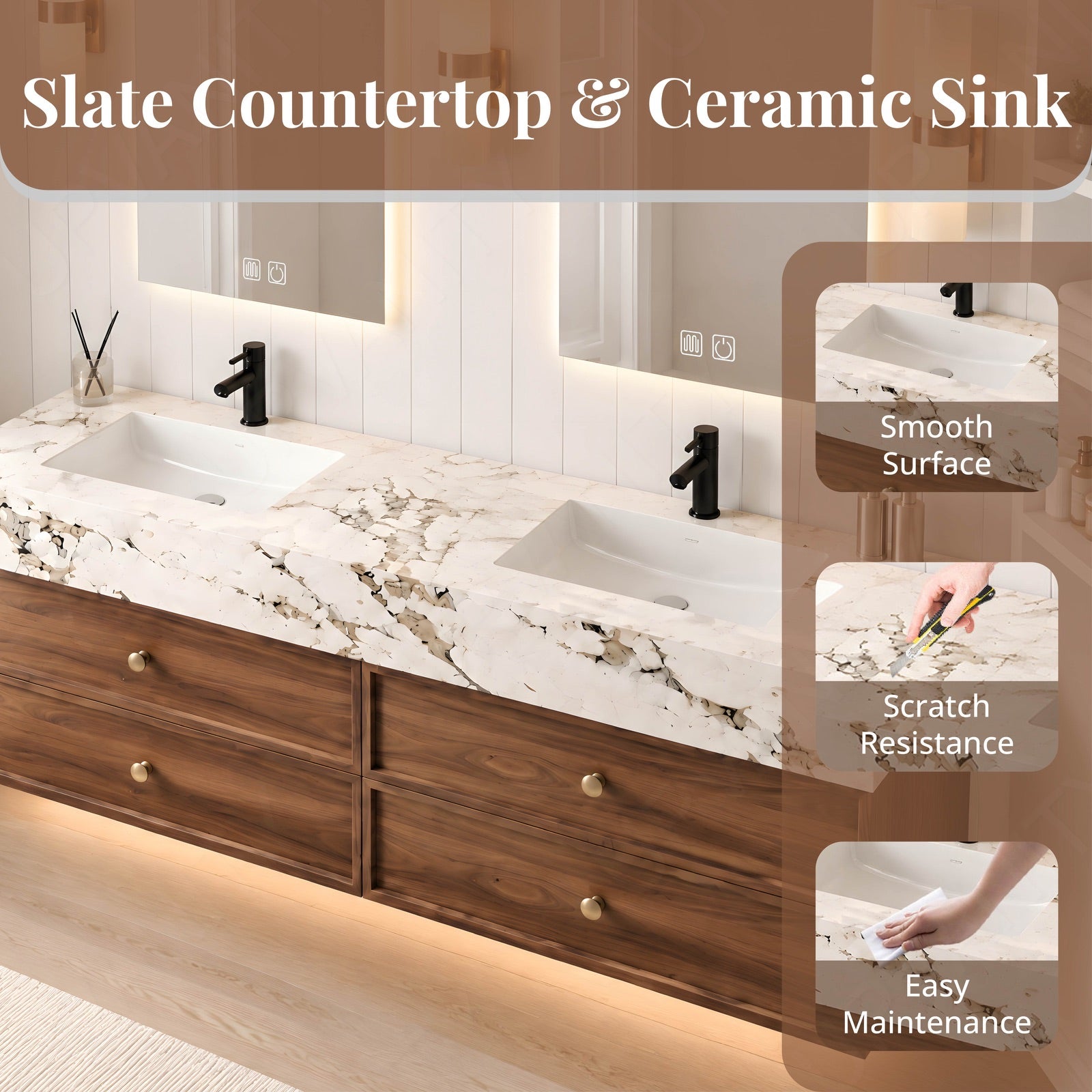 Modern Bath Vanity Set, Brown, Marble Textured Top, 56"-78", Double, Floating, Gold Accents, Dual Smart LED Mirror