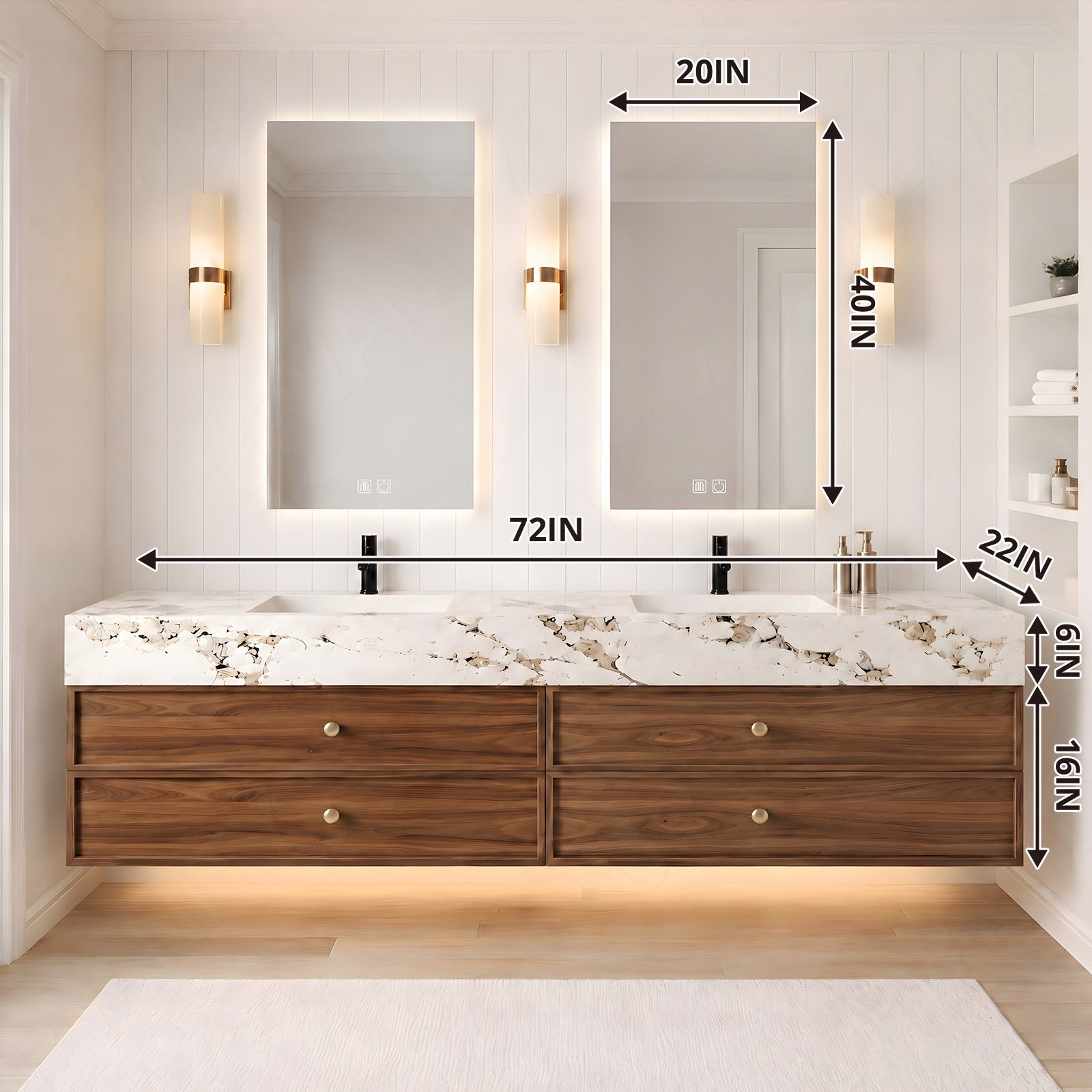 Modern Bath Vanity Set, Brown, Marble Textured Top, 56"-78", Double, Floating, Gold Accents, Dual Smart LED Mirror