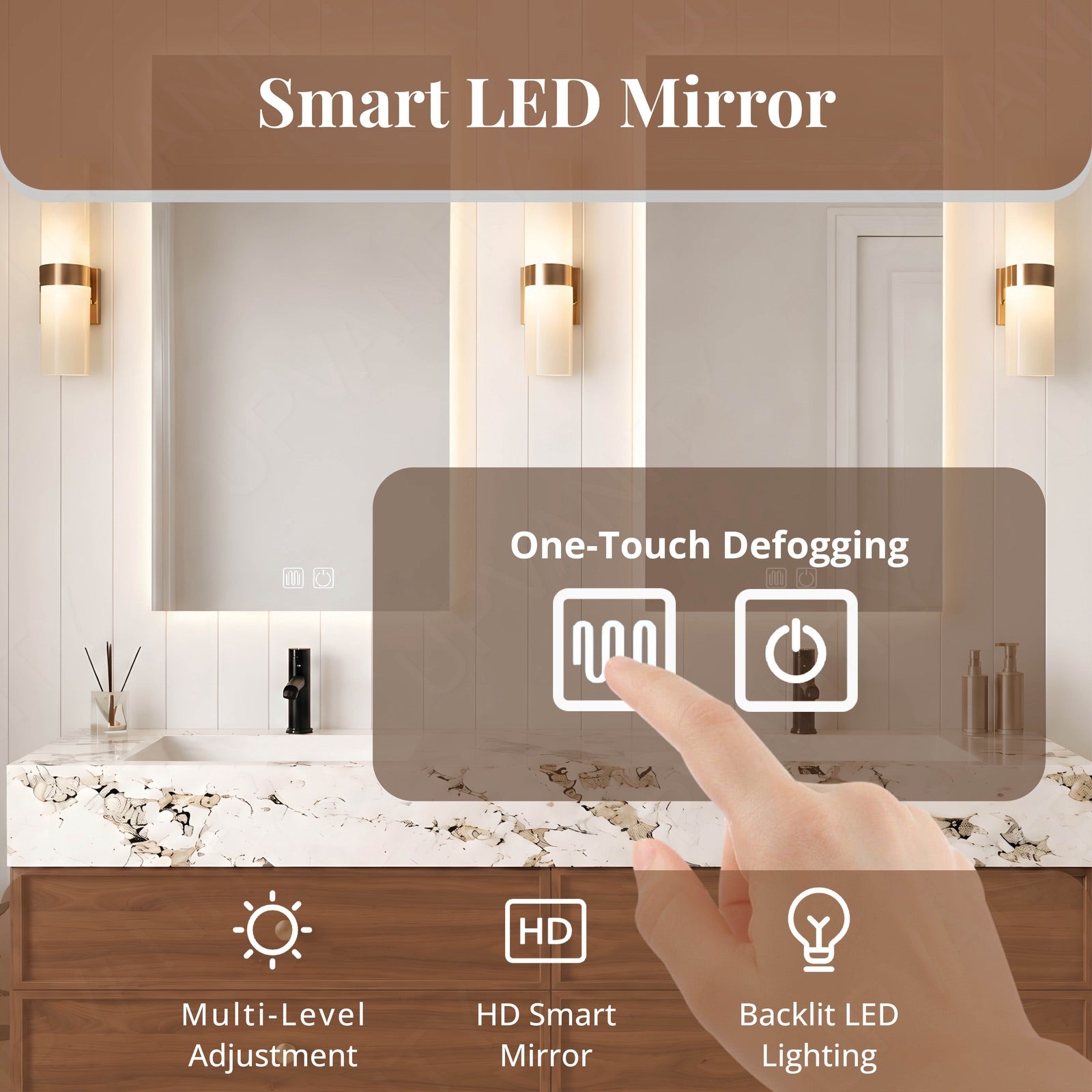 Modern Bath Vanity Set, Brown, Marble Textured Top, 56"-78", Double, Floating, Gold Accents, Dual Smart LED Mirror