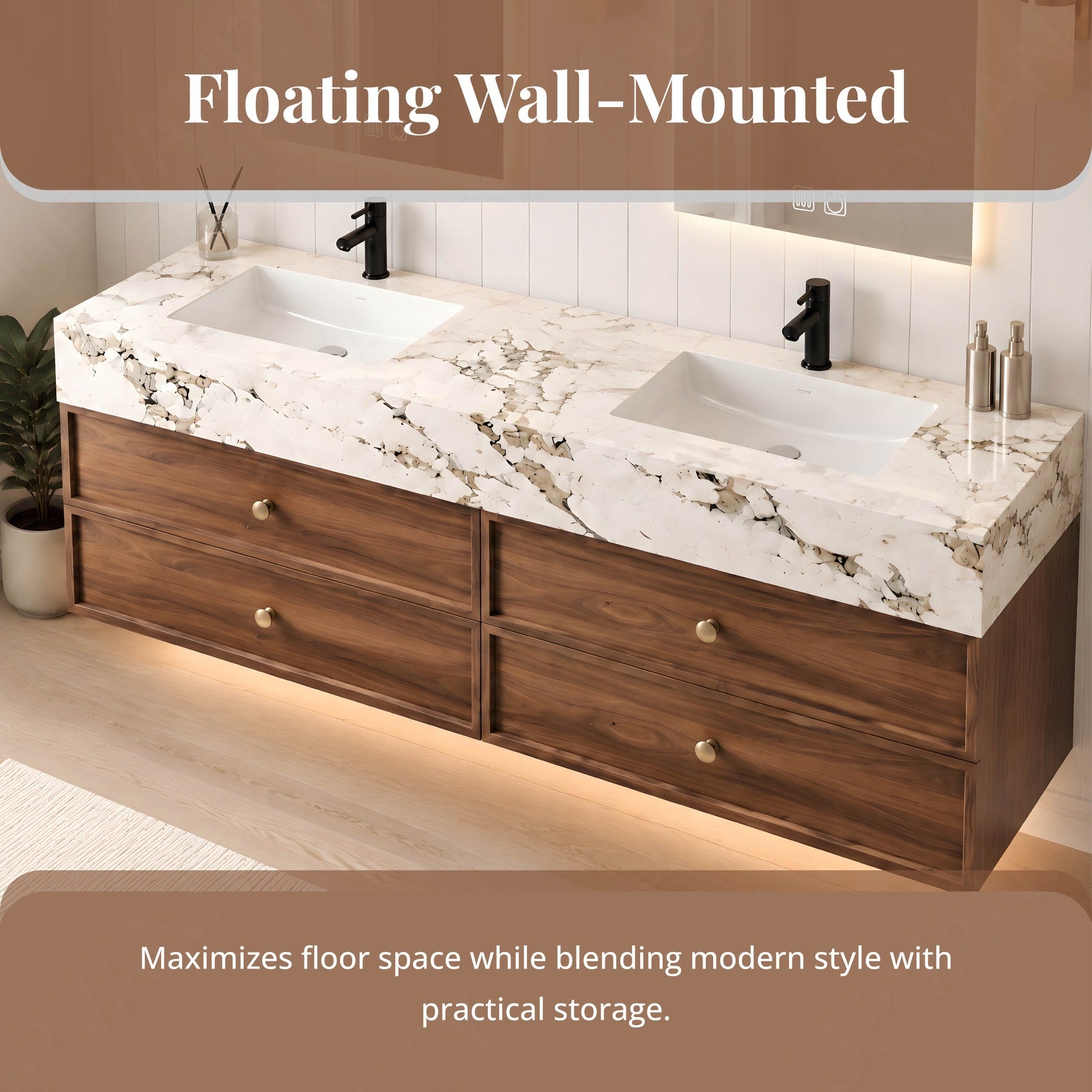 Modern Bath Vanity Set, Brown, Marble Textured Top, 56"-78", Double, Floating, Gold Accents, Dual Smart LED Mirror