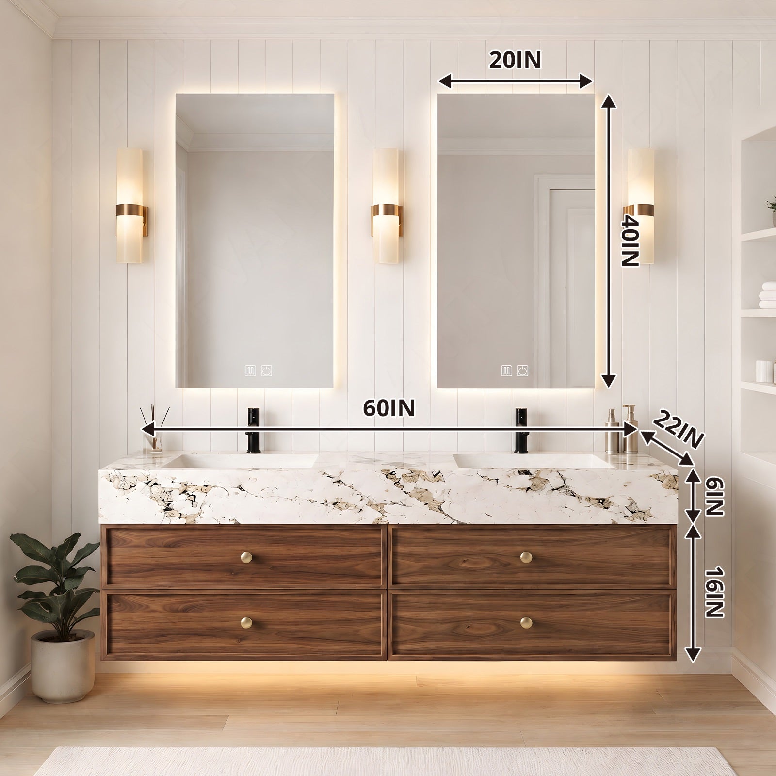 Modern Bath Vanity Set, Brown, Marble Textured Top, 56"-78", Double, Floating, Gold Accents, Dual Smart LED Mirror