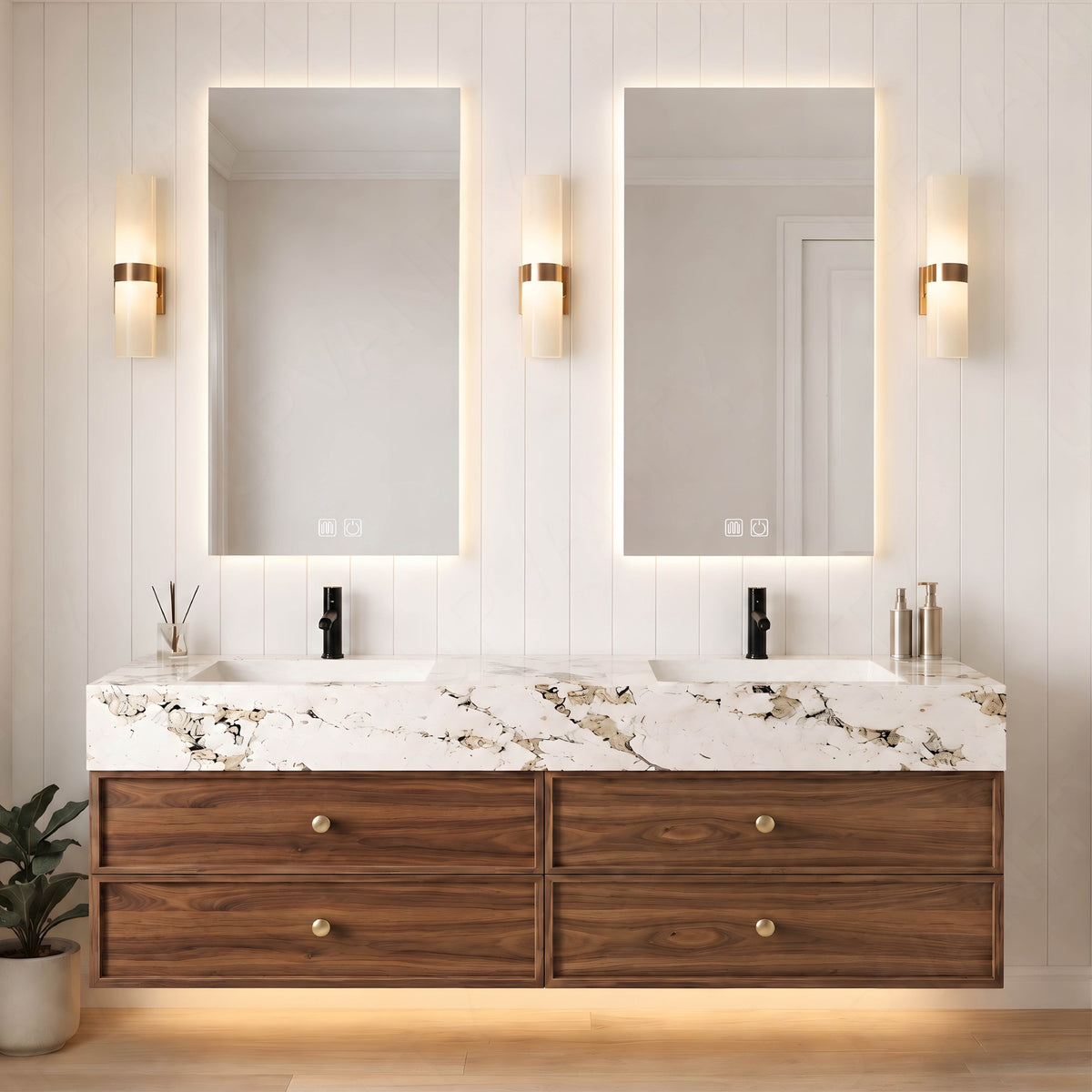 Modern Bath Vanity Set, Brown, Marble Textured Top, 56"-78", Double, Floating, Gold Accents, Dual Smart LED Mirror
