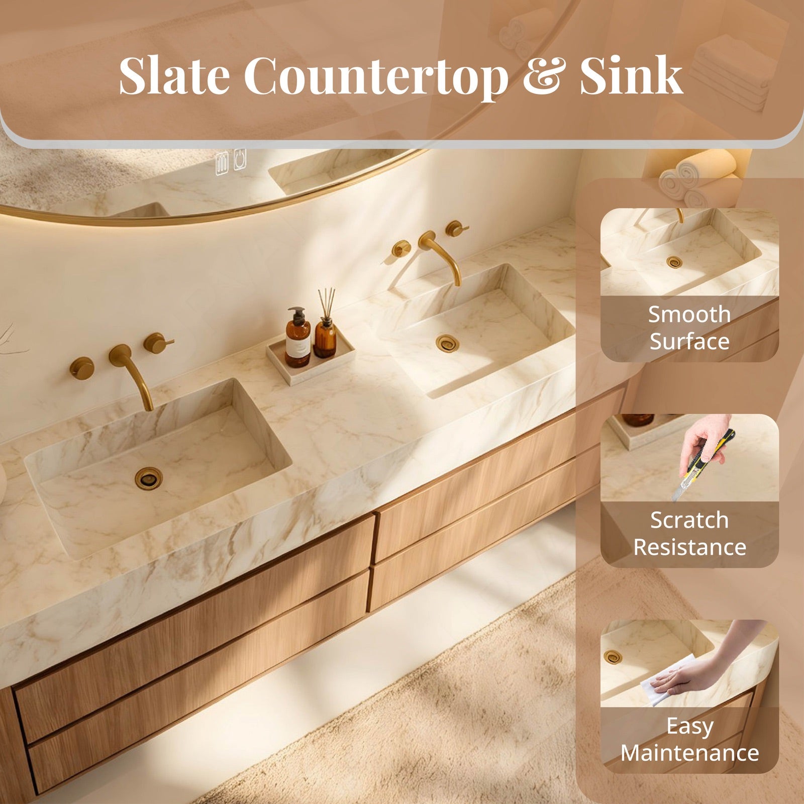 Modern Bath Vanity Set, Brown, Marble Textured Top, 56"-78", Double, Floating, Irregular Smart LED Mirror