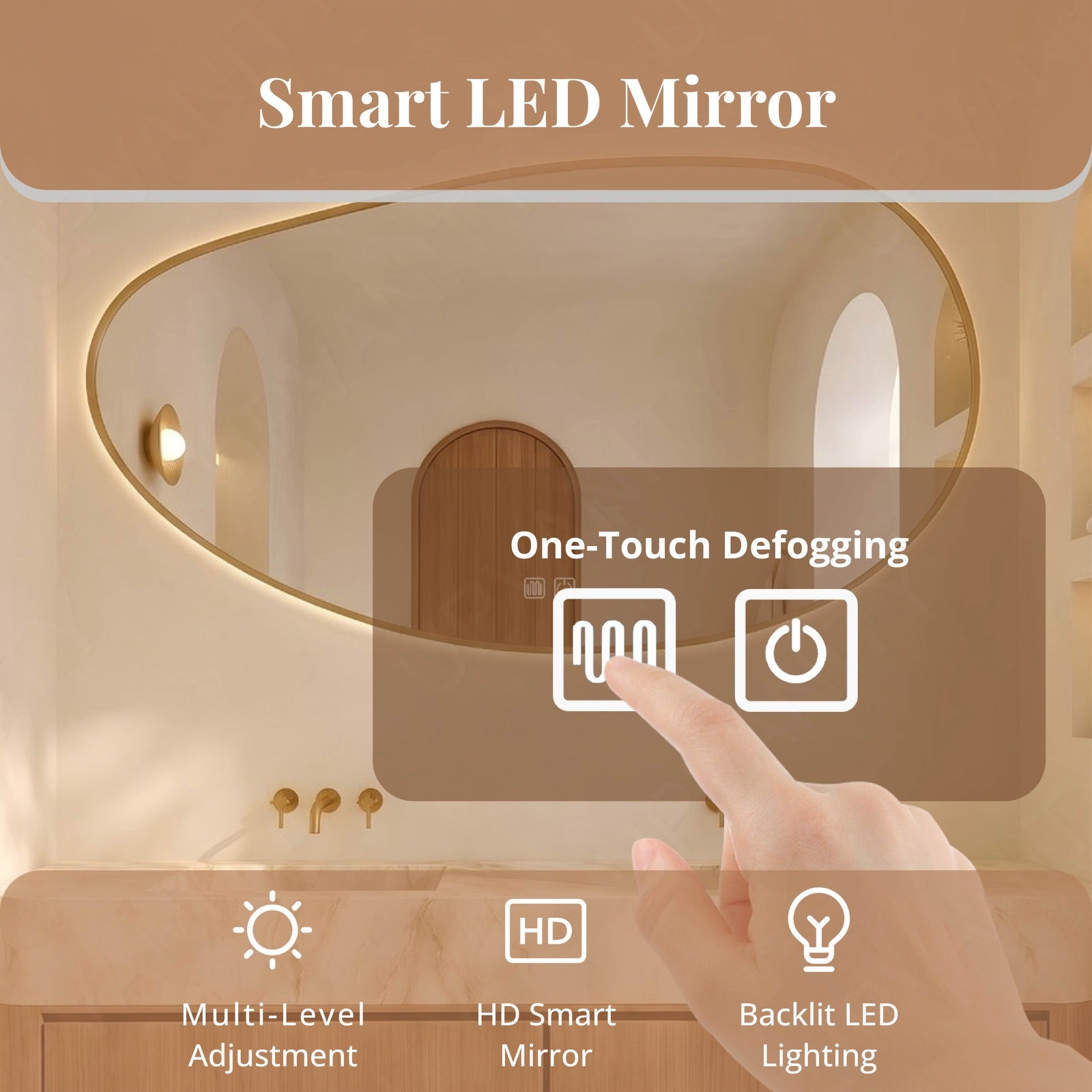 Modern Bath Vanity Set, Brown, Marble Textured Top, 56"-78", Double, Floating, Irregular Smart LED Mirror