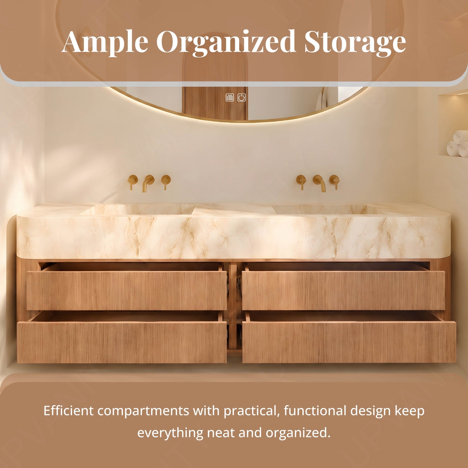 Modern Bath Vanity Set, Brown, Marble Textured Top, 56"-78", Double, Floating, Irregular Smart LED Mirror