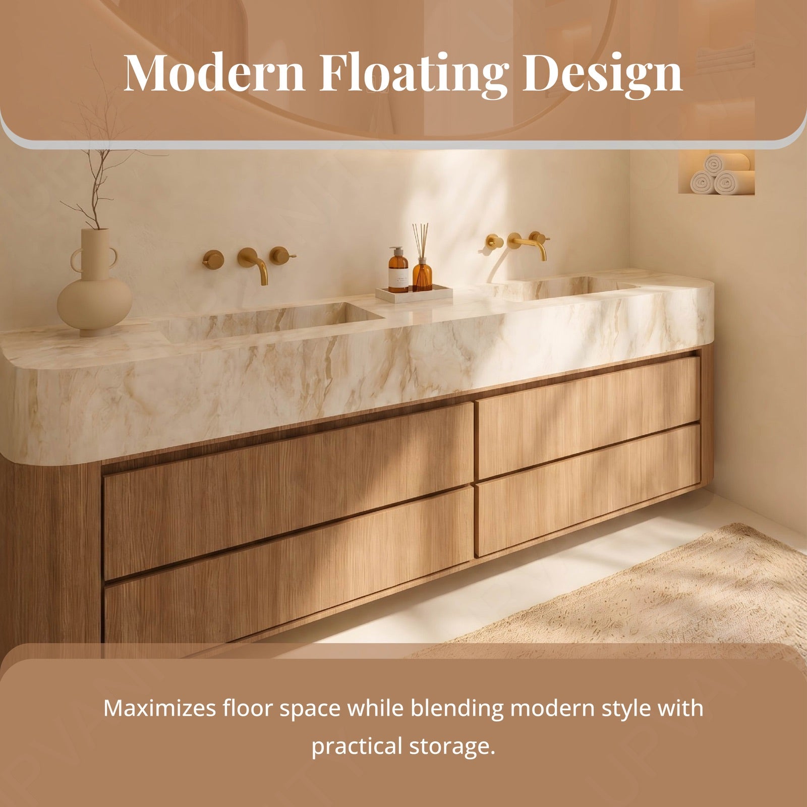 Modern Bath Vanity Set, Brown, Marble Textured Top, 56"-78", Double, Floating, Irregular Smart LED Mirror