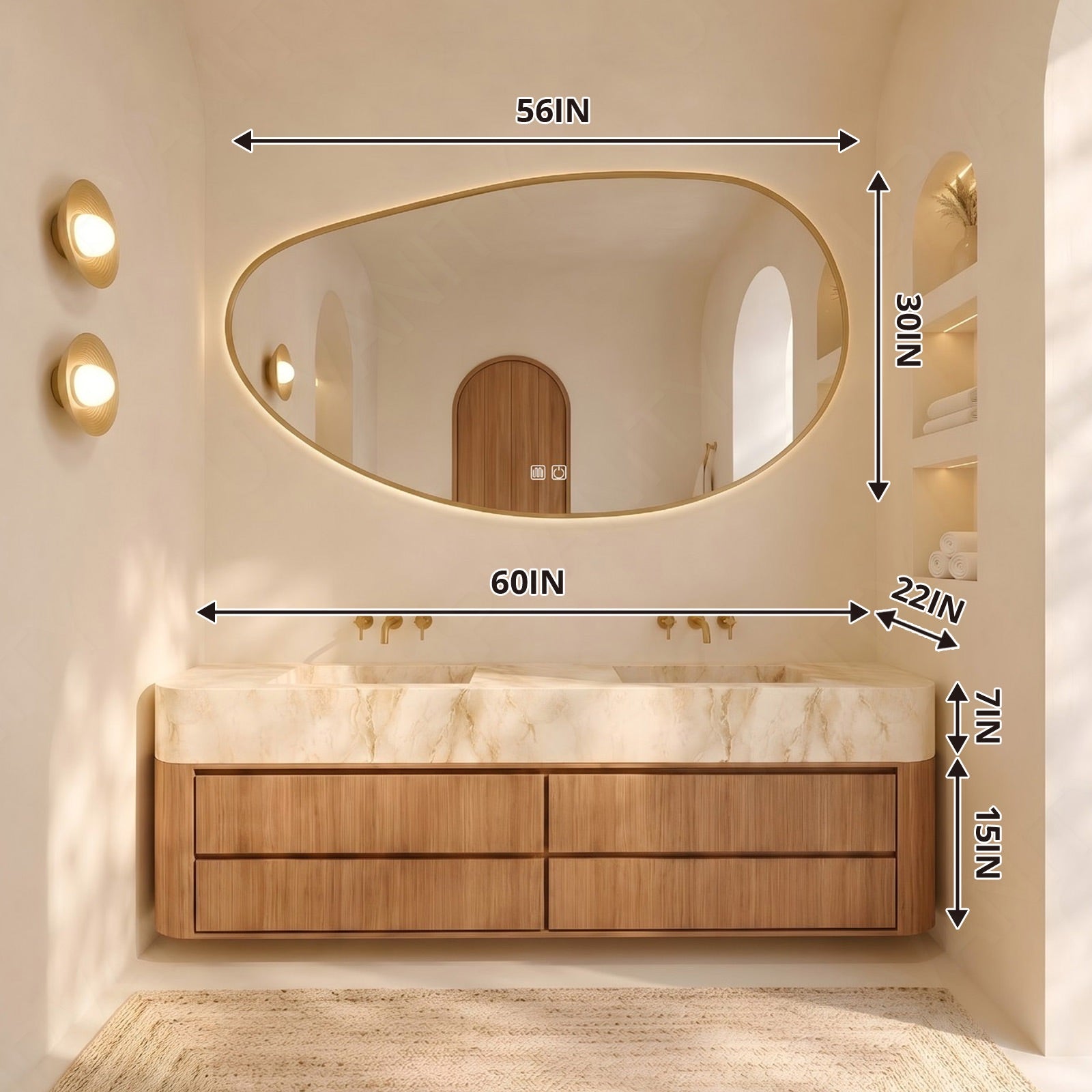 Modern Bath Vanity Set, Brown, Marble Textured Top, 56"-78", Double, Floating, Irregular Smart LED Mirror