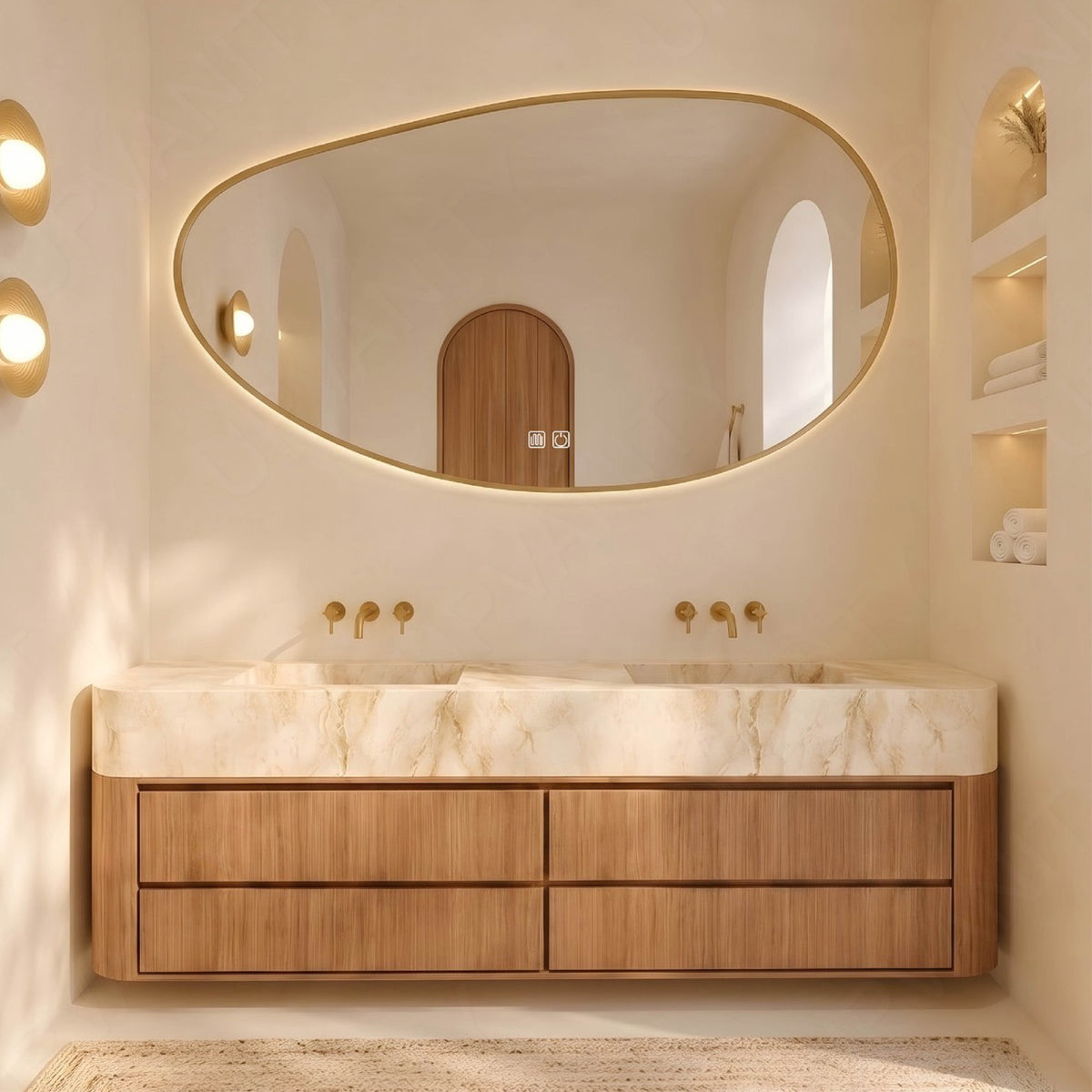 Modern Bath Vanity Set, Brown, Marble Textured Top, 56"-78", Double, Floating, Irregular Smart LED Mirror