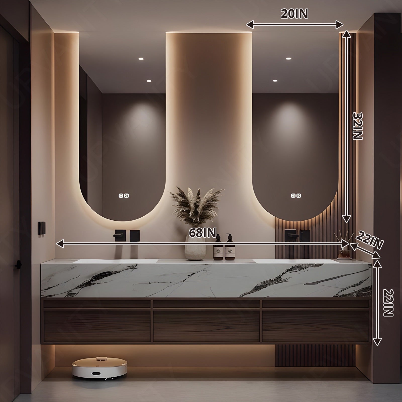 Modern Bath Vanity Set, Brown, Marble Textured Top, 64"-78", Double, Floating, Dual Smart LED Mirror