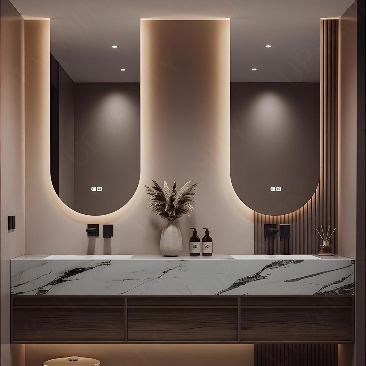 Modern Bath Vanity Set, Brown, Marble Textured Top, 64"-78", Double, Floating, Dual Smart LED Mirror