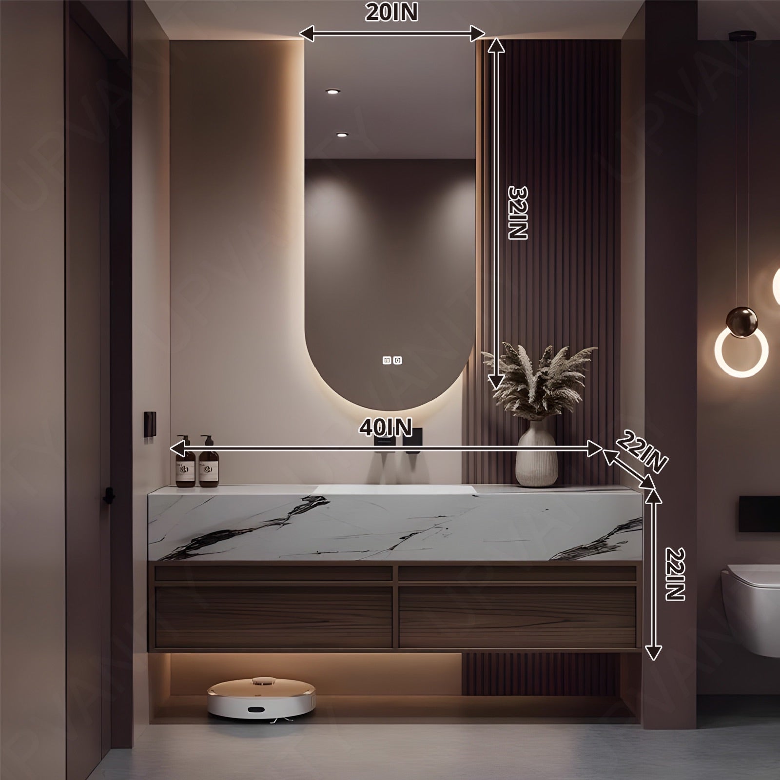 Modern Bath Vanity Set, Brown, Marble Textured Top, 64"-78", Single, Floating, Smart LED Mirror