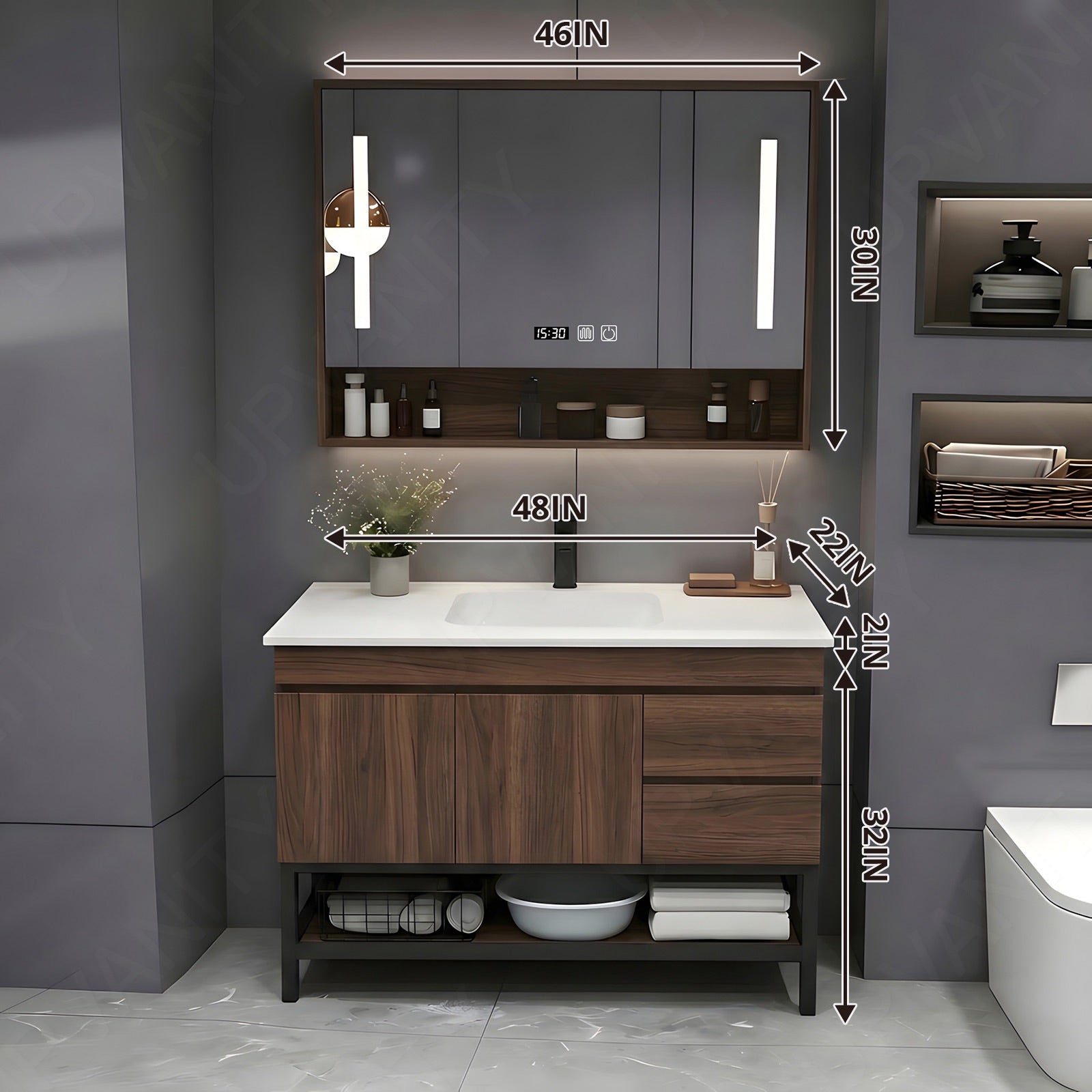 Modern Bath Vanity Set, Brown, Open Storage, 24"- 64", Single, Freestanding, Smart LED Mirror, Rear Cabinet